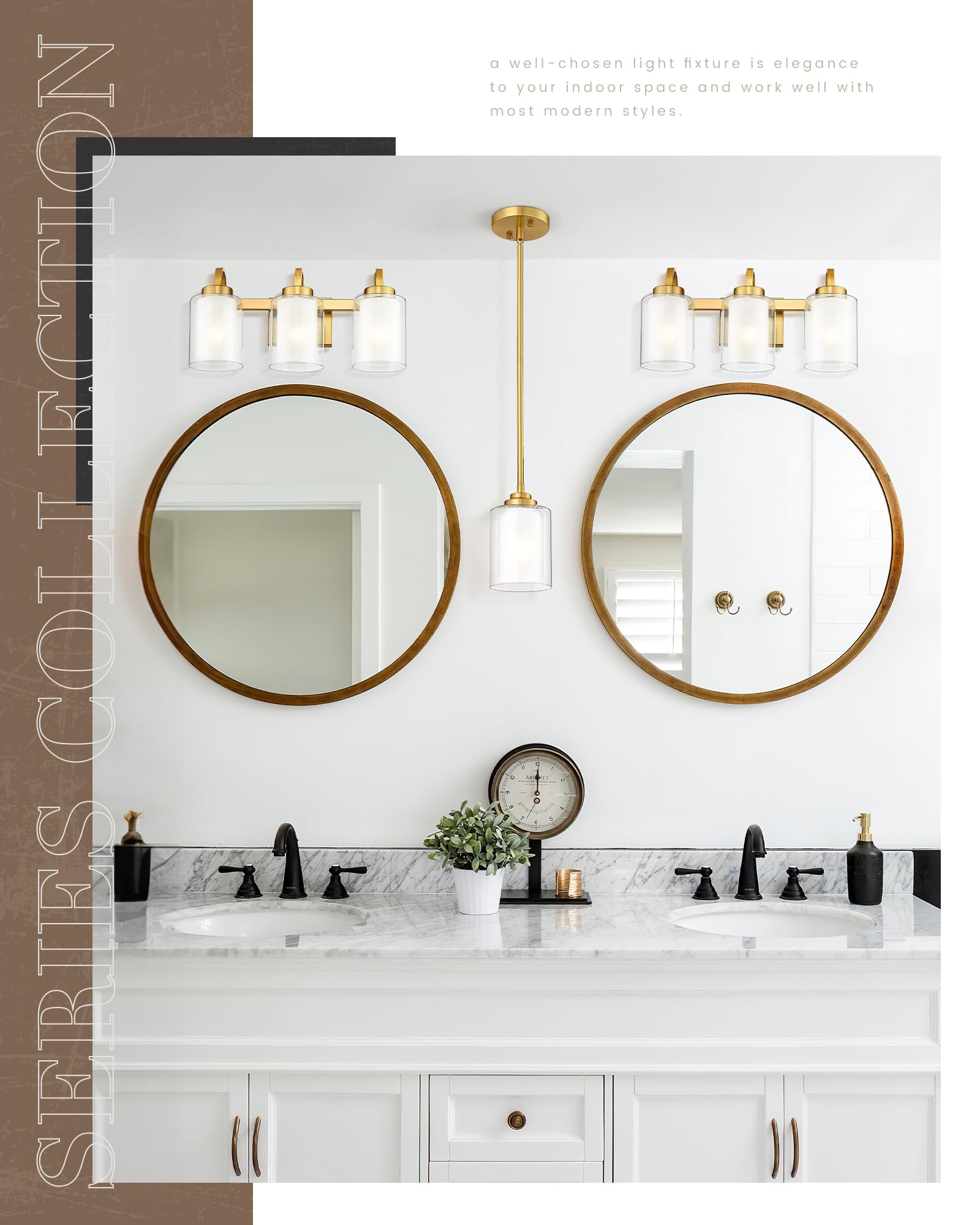 3-Light Bathroom Vanity Light, Brushed Nickel Vanity Light Over Mirror, Farmhouse Wall Sconces with Dual Glass Shade, Modern Wall Lamp for Bathroom Hallway Living Room