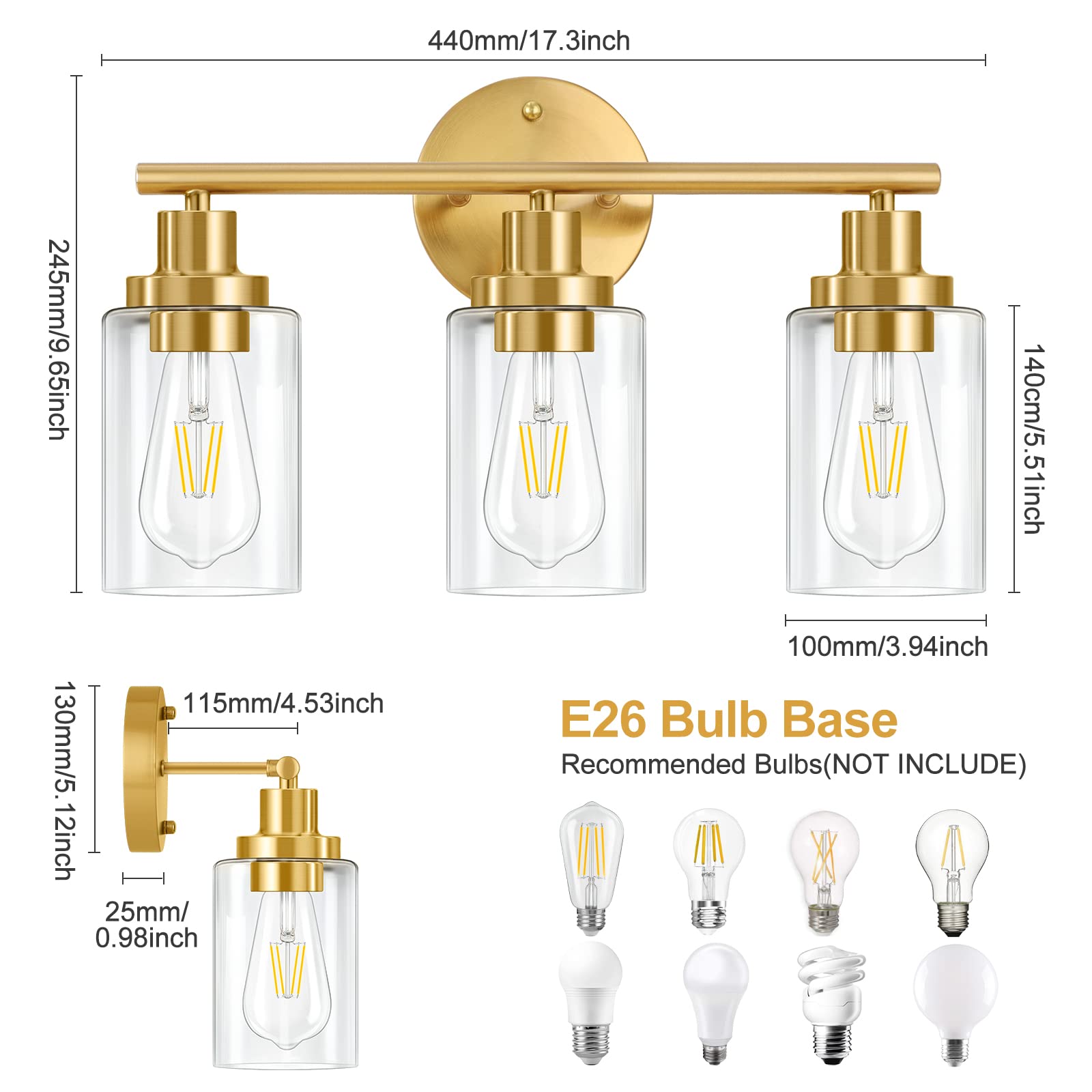 Vanity Wall Light Fixtures, Modern 3 Lights Wall Sconce with Clear Glass Shade, Brushed Nickel Farmhouse Wall Lamp for Bathroom Mirror Kitchen Porch Living Room Workshop (E26 Base)