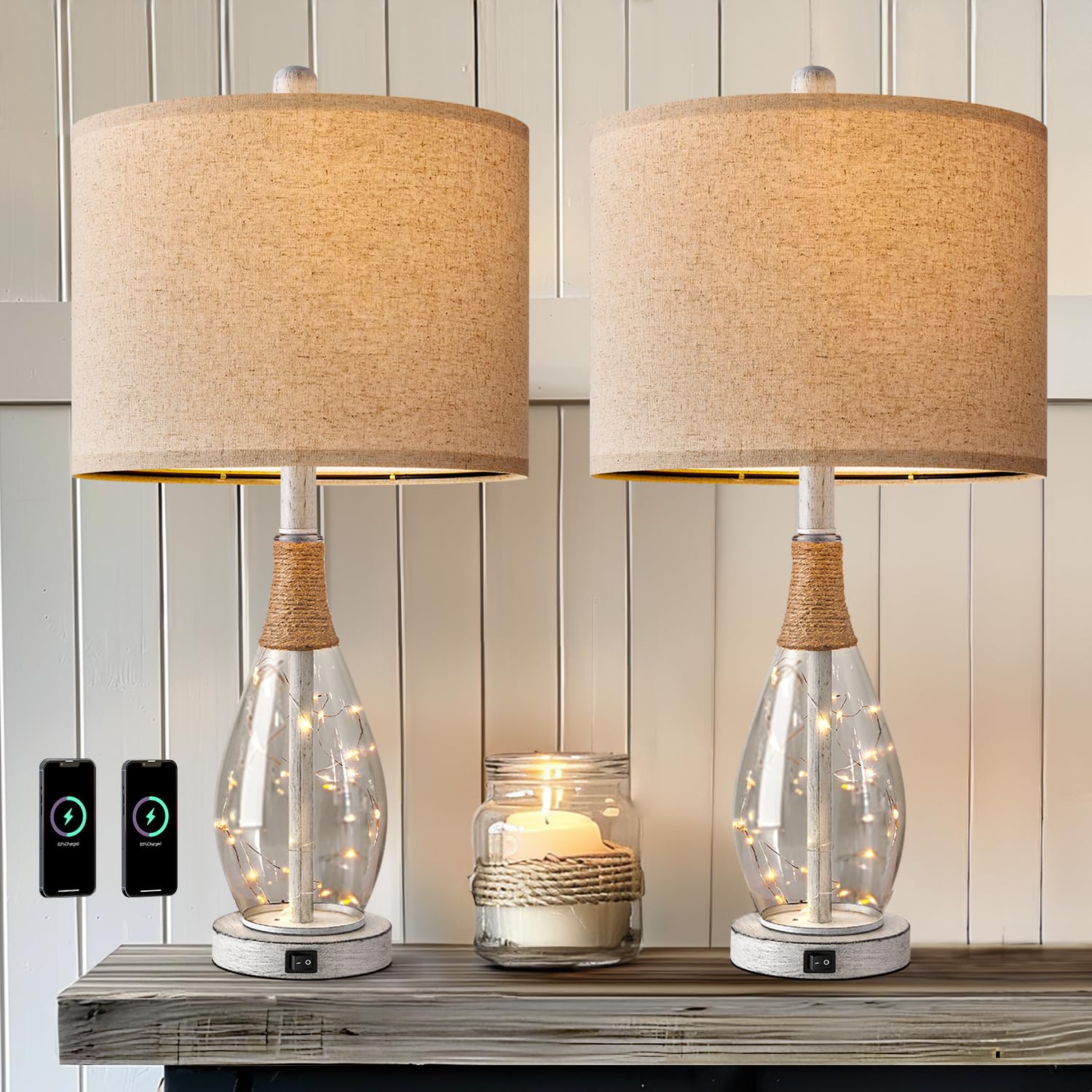 23" Table Lamps for Living Room Set of 2 Bedside Lamps for Night Stands Bedroom Lamps Farmhouse Rattan Boho Lamp Glass Nightlight End Table Lamp with USB C+A (White)