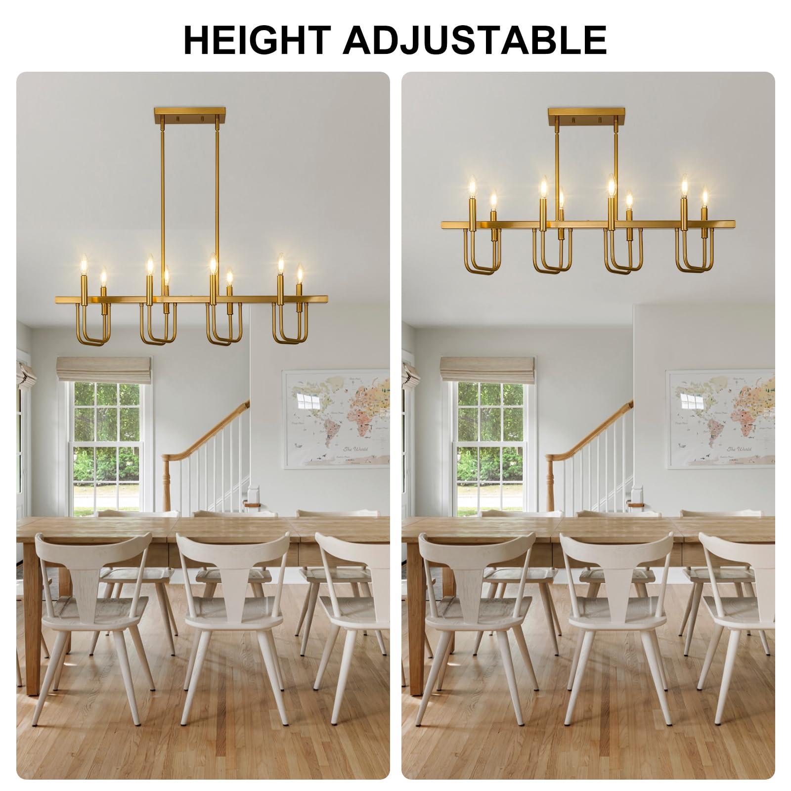 Rectangular Dining Room Light Fixtures Over Table, Linear Chandeliers for Dining Room, 8 Light Brushed Gold Chandelier Modern, Island Lights for Kitchen