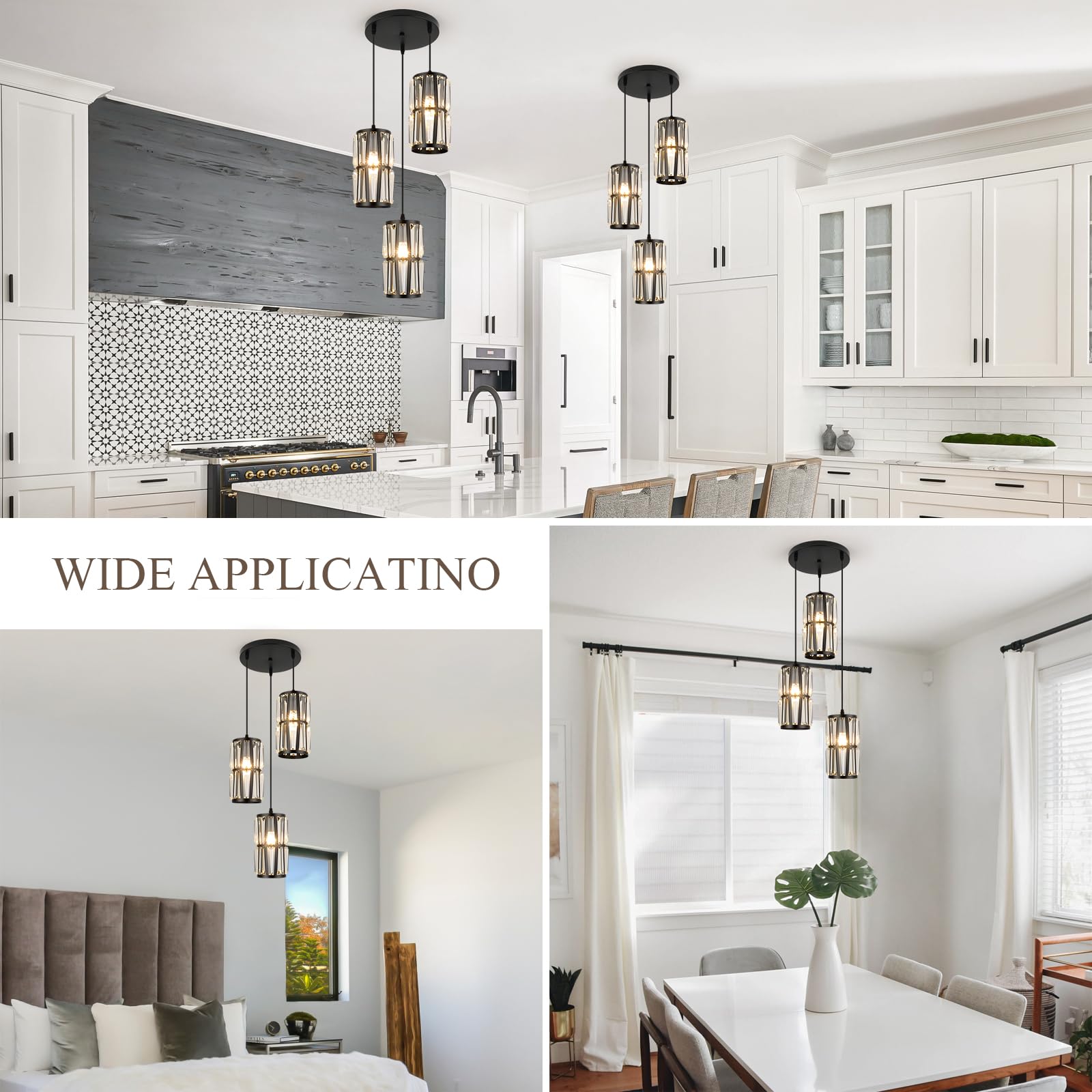 WILON Industrial Pendant Lighting, Pendant Lights for Kitchen Island 3 Light Glass Pendant Light Fixture with Seeded Glass Shade, Adjustable Cord Farmhouse Ceiling Light Black finish Linear Chandelier