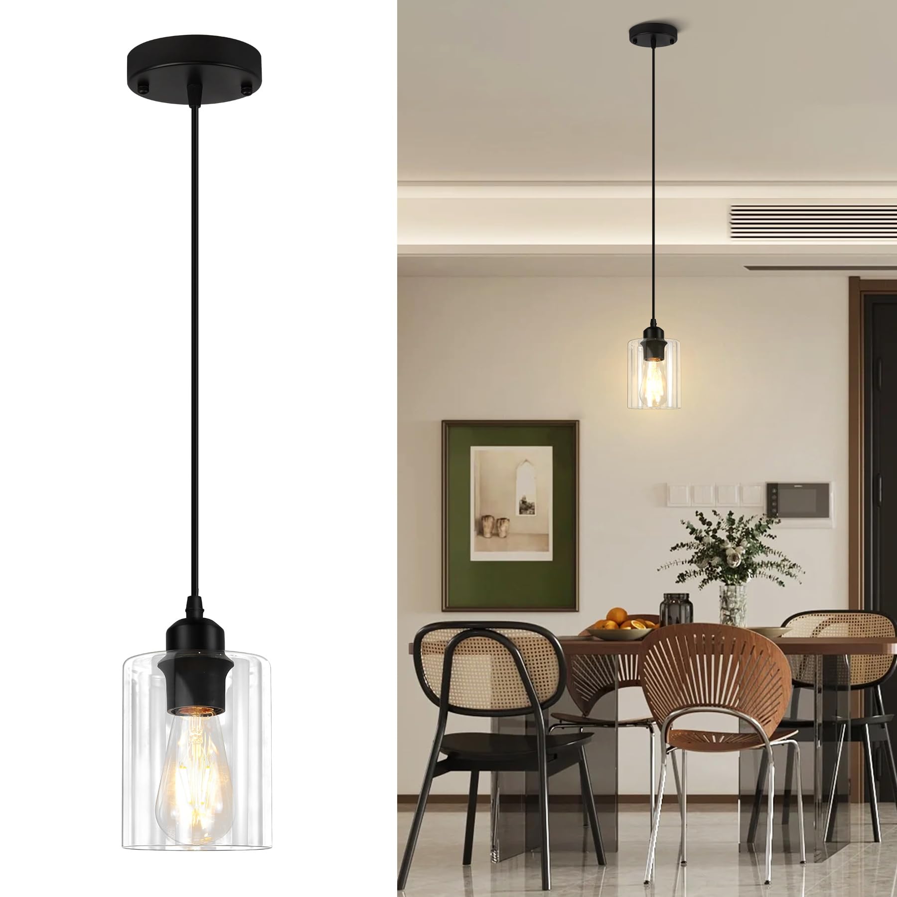 3-Light Pendant Light Fixtures, Farmhouse Kitchen Island Light Fixture, Industrial Hanging Pendant Lighting for Dining Room Bedroom, Black Metal Cage Pendant, E26 Base, Bulbs Not Included