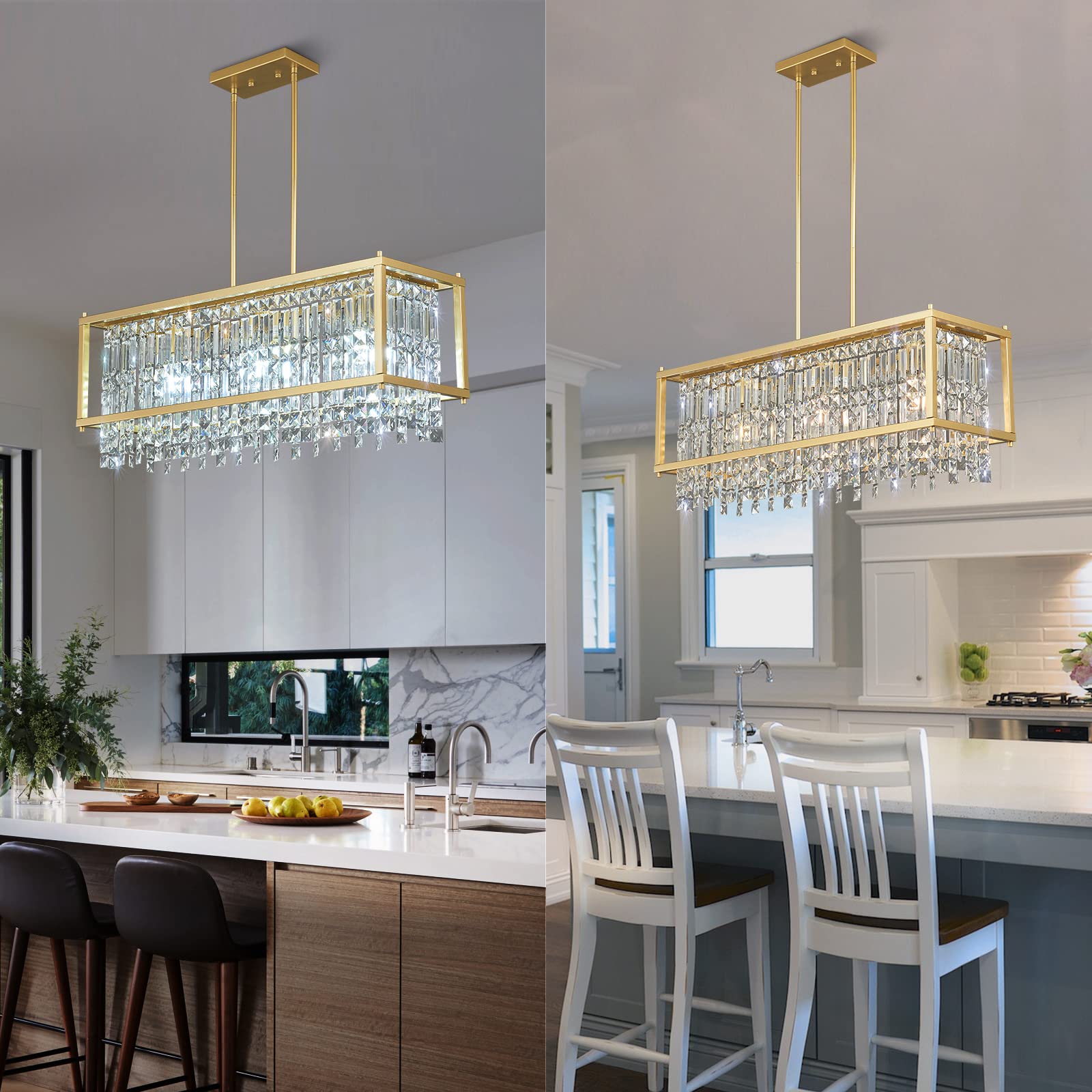 4-Light Dining Room Light Fixture 11.81 inch Square Lndustrial Farmhouse Chandelier Gold Metal Crystal Pendant Light for Kitchen Island Dining Room Living Room Flat and Inclined Ceiling