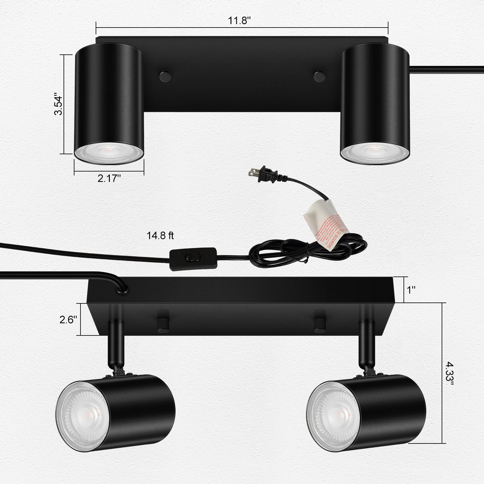 3 Light Track Lighting Kit,Black 3 Way Modern Plug in Ceiling Spotlight,Industrial LED Wall Light for Kitchen Cabinet Gallery Bar Hallway Living Room,Rocker Switch,15 Foot Cord(No Bulb)