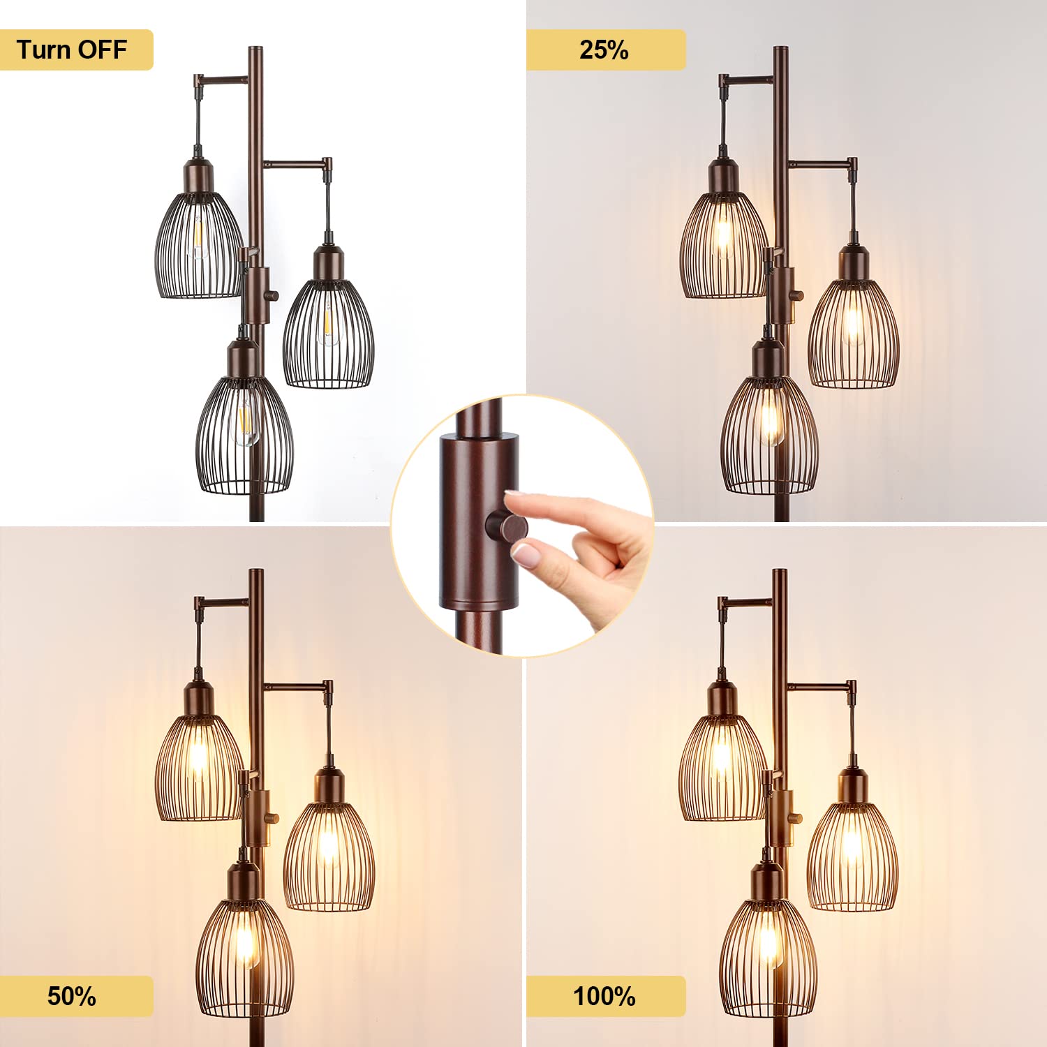 Dimmable Floor Lamp, Industrial Floor Lamps for Living Room, Gold Tree Lamp Standing Lamp Tall Lamps with 3 Elegant Teardrop Cage Head & 800 Lumens LED Bulbs for Living room Bedroom Office