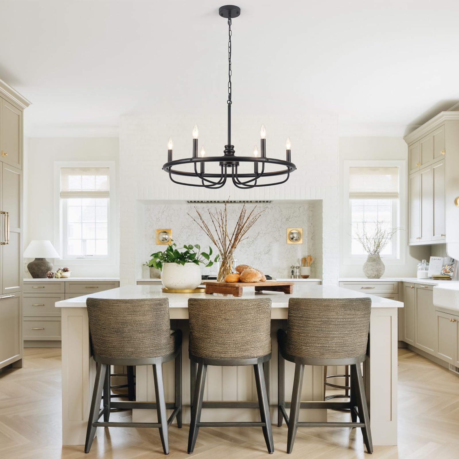 Farmhouse Chandelier for Dining Room 4 Light French County Chandelier White Wooden Rustic Pendant Light Fixtures for Hallway Foyer Living Room Entryway Kitchen Island Bedroom