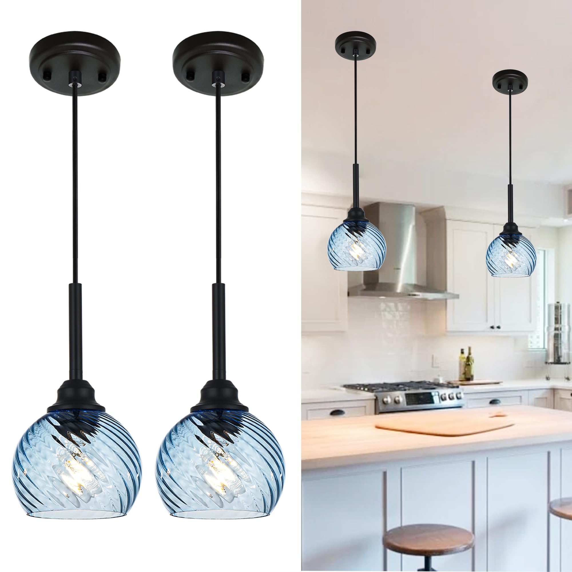 3 Light Island Lights for Kitchen with Striped Swirl Globe Glass, Black Linear Hanging Pendant Light Fixture Farmhouse Chandelier for Dining Room Bar Living Room