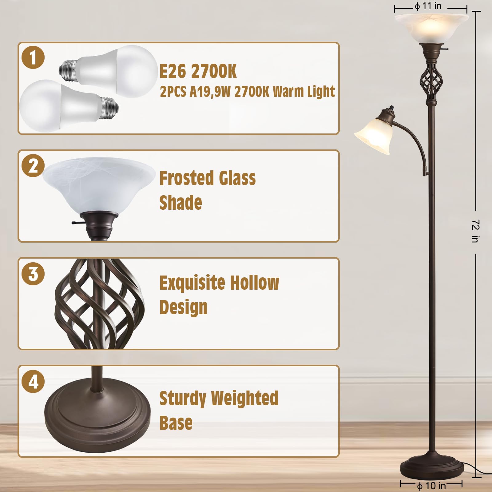 Floor Lamp for Living Room, 72" Modern Bedroom Standing Lamp with 8W LED Bulb, 3000K Eye Protection Torchiere Floor Lamp for Bedroom, Office, Living Room(Red Brown)