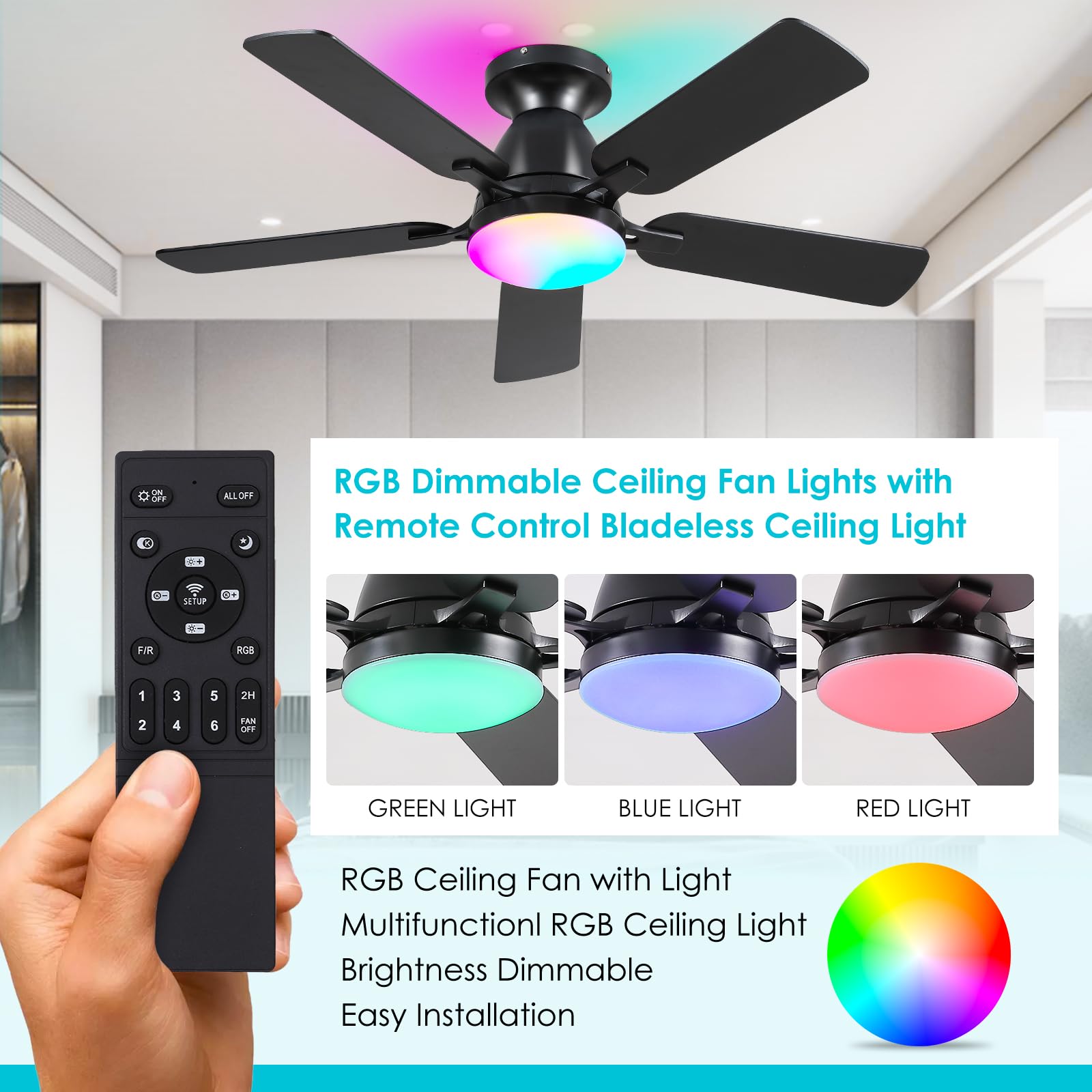 Ceiling Fans with Lights- 46"Low Profile Indoor Ceiling Fan with Light and Remote/APP Control, Flush Mount, LED Dimmable DC Reversible Modern Ceiling Fan for Bedroom（Black）