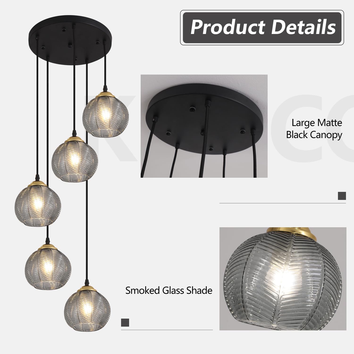 KCO Lighting 3-Lights Smoke Gray Glass Pendant Light Black Globe Round Cluster Chandelier Mid-Century Modern Multi Light Pendant Lighting Nordic Kitchen Island Light Fixture