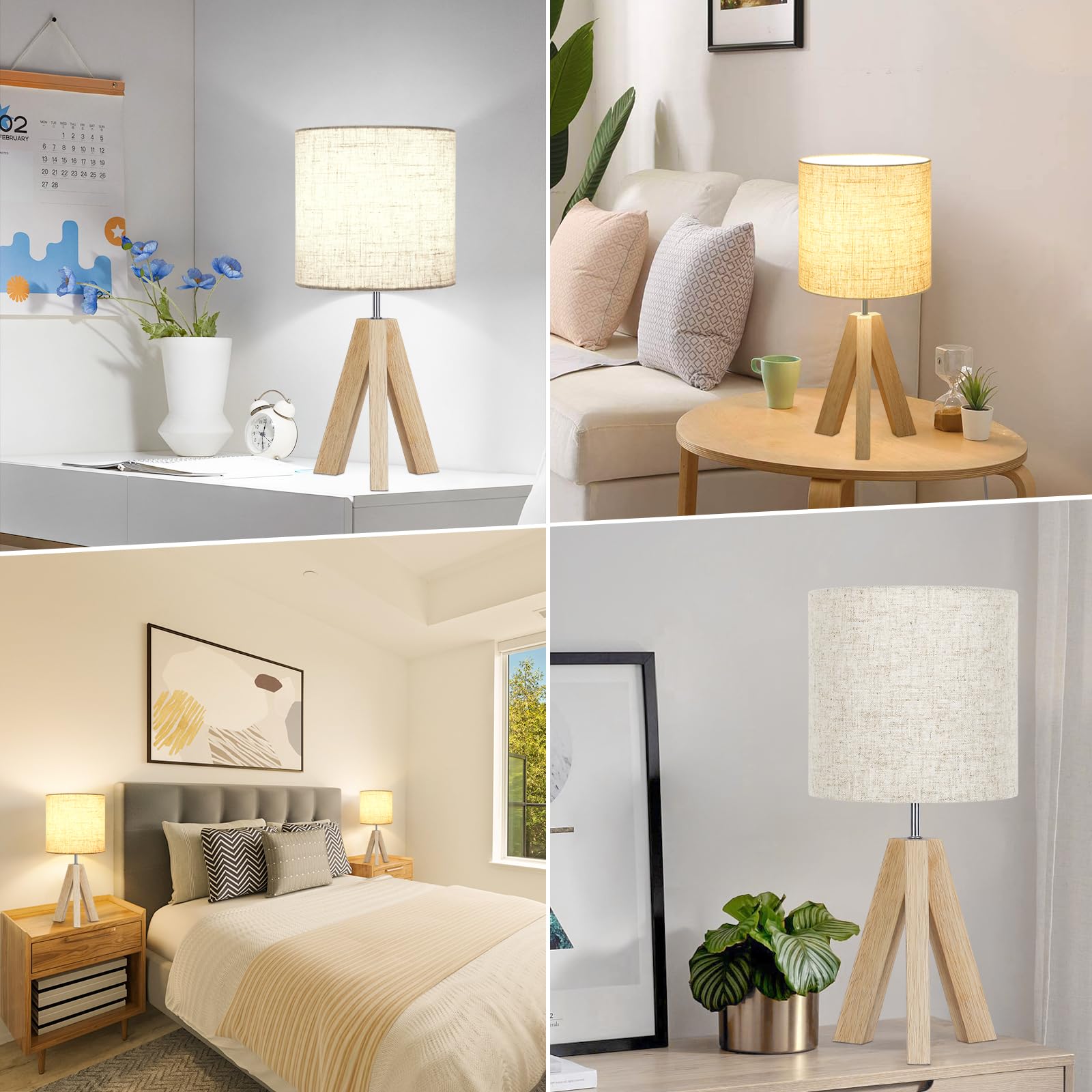 Small Beside Table Lamp, Wood Tripod Table Lamp with White Fabric Shade, Cute Boho Nightstand Lamp, Minimalist Desk Lamp for Bedroom Living Room Nursery Kids Room Office Dorm, Bulb Not Included