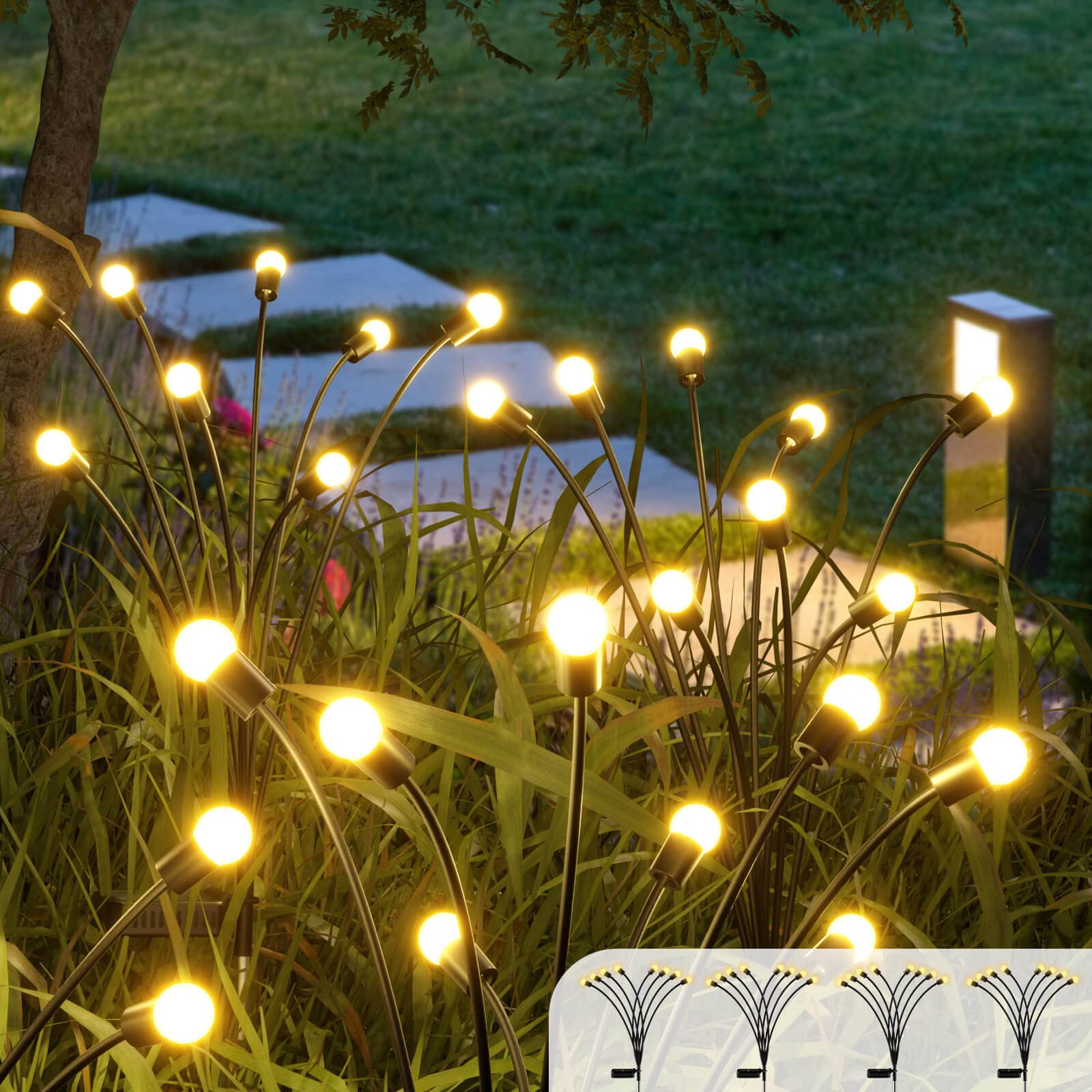 8LED Solar Powered Firefly Lights,Outdoor Waterproof,Starburst Swaying Solar Lights, Garden Lights for Path Landscape Outdoor Decorative Lights White Warm 4Pack