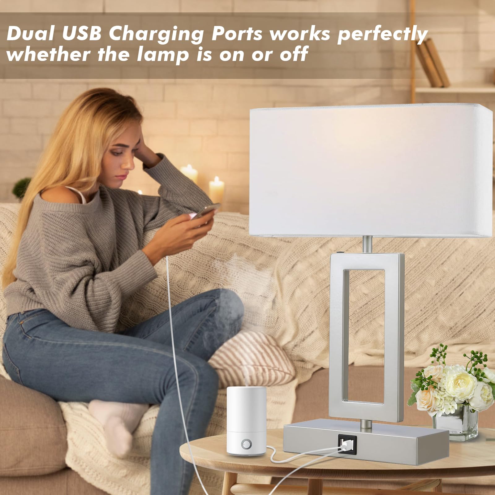 Silver Table Lamps Set of 2 with Dual USB Ports,3-Way Dimmable Touch Control Bedside Lamps,Modern Bedroom Table Lamp for Living Room,Nightstand LED Bulbs Included