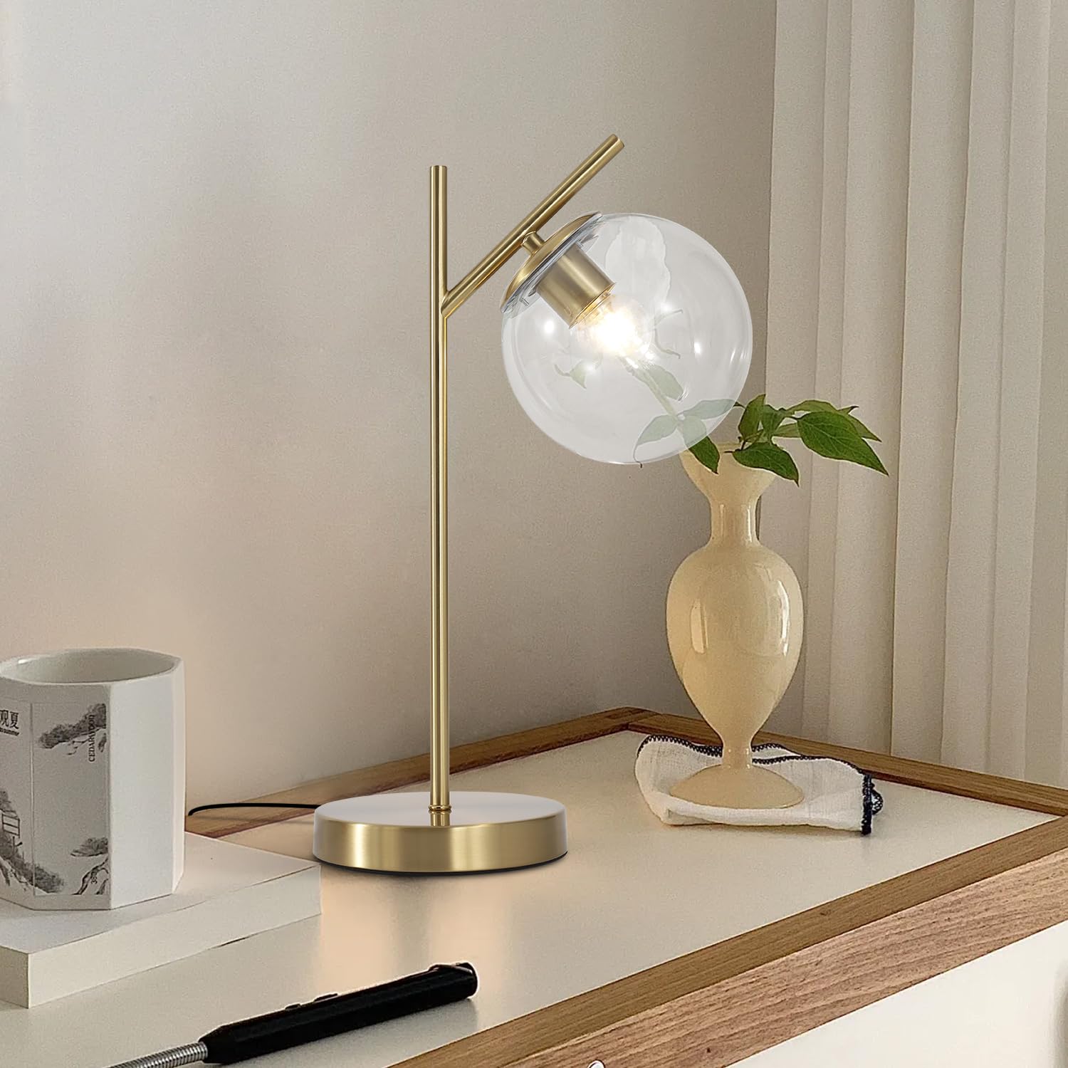 Globe Table Lamp 1 Light Brass Glass Globe Table Lamp Contemporary Metal Table Lamp Bedside Table lamp with Milky White Glass lampshade Bedroom Living Room Study Room(H19.2)