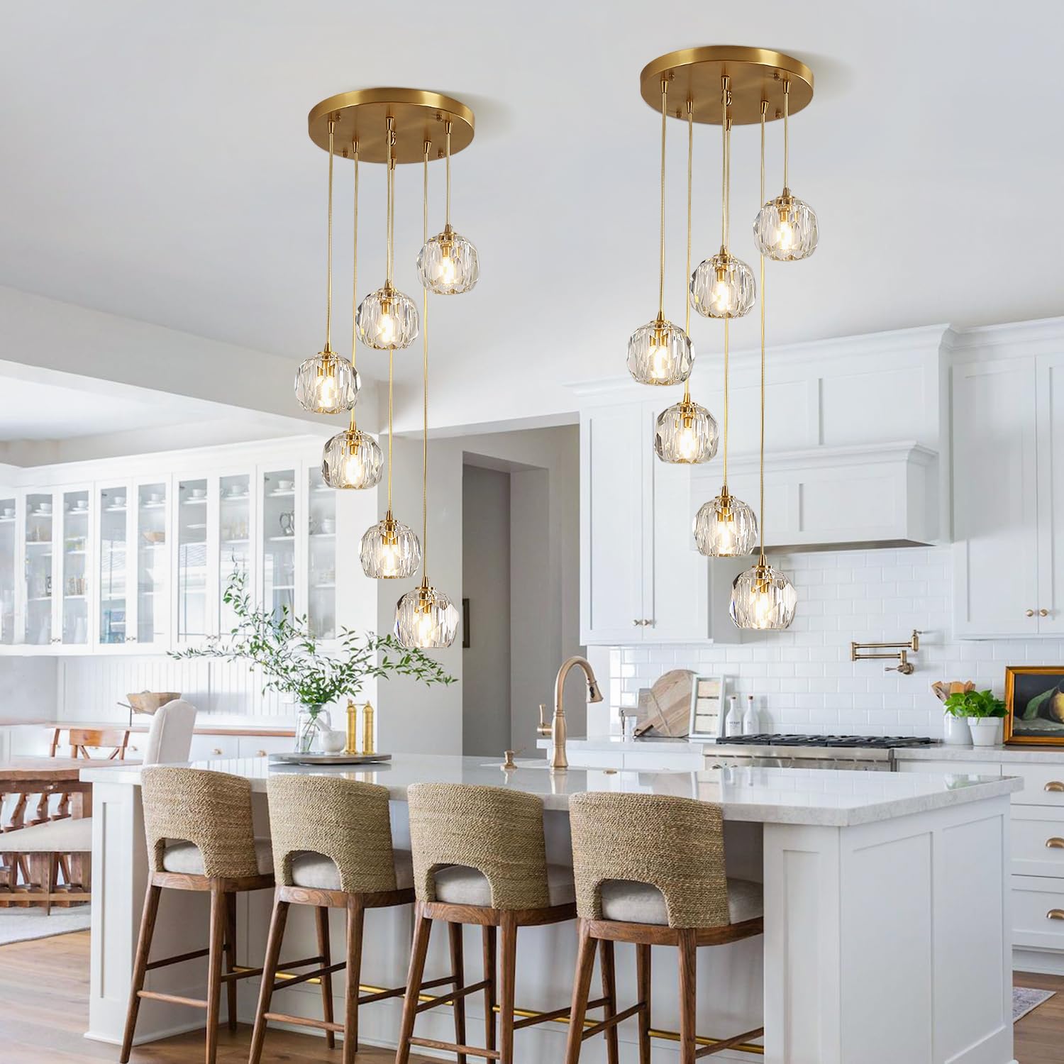 3-Light Cluster Pendant Lighting Crystal Chandelier Gold Hanging Pendant Light Fixture Mid Century Modern Multi Light Pendant Lighting for Dining Room Kitchen Island Bedroom