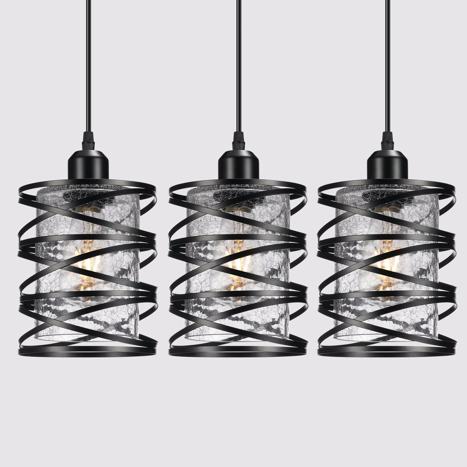 3 PACK Industrial Pendant Lights Kitchen Island, Black Hanging Kitchen Lights, Adjustable Kitchen Pendant Lighting over Island, Modern Seeded Glass Shade Island Lights for Kitchen, Dining Room, Bar