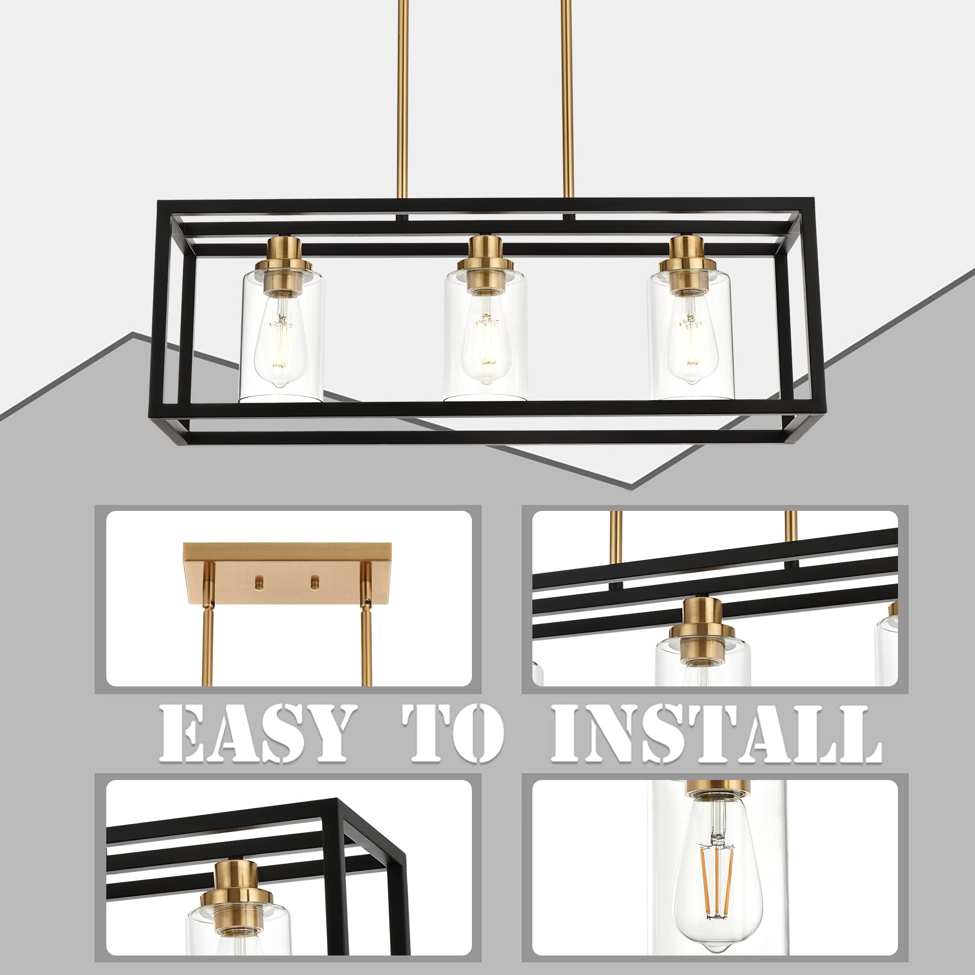 MELUCEE Black Chandeliers Rectangle 5 Lights Dining Room Lighting Fixtures Hanging Over Table, Kitchen Island Lighting Linear Pendant Light Ceiling with Clear Glass Shade and Brushed Brass Socket