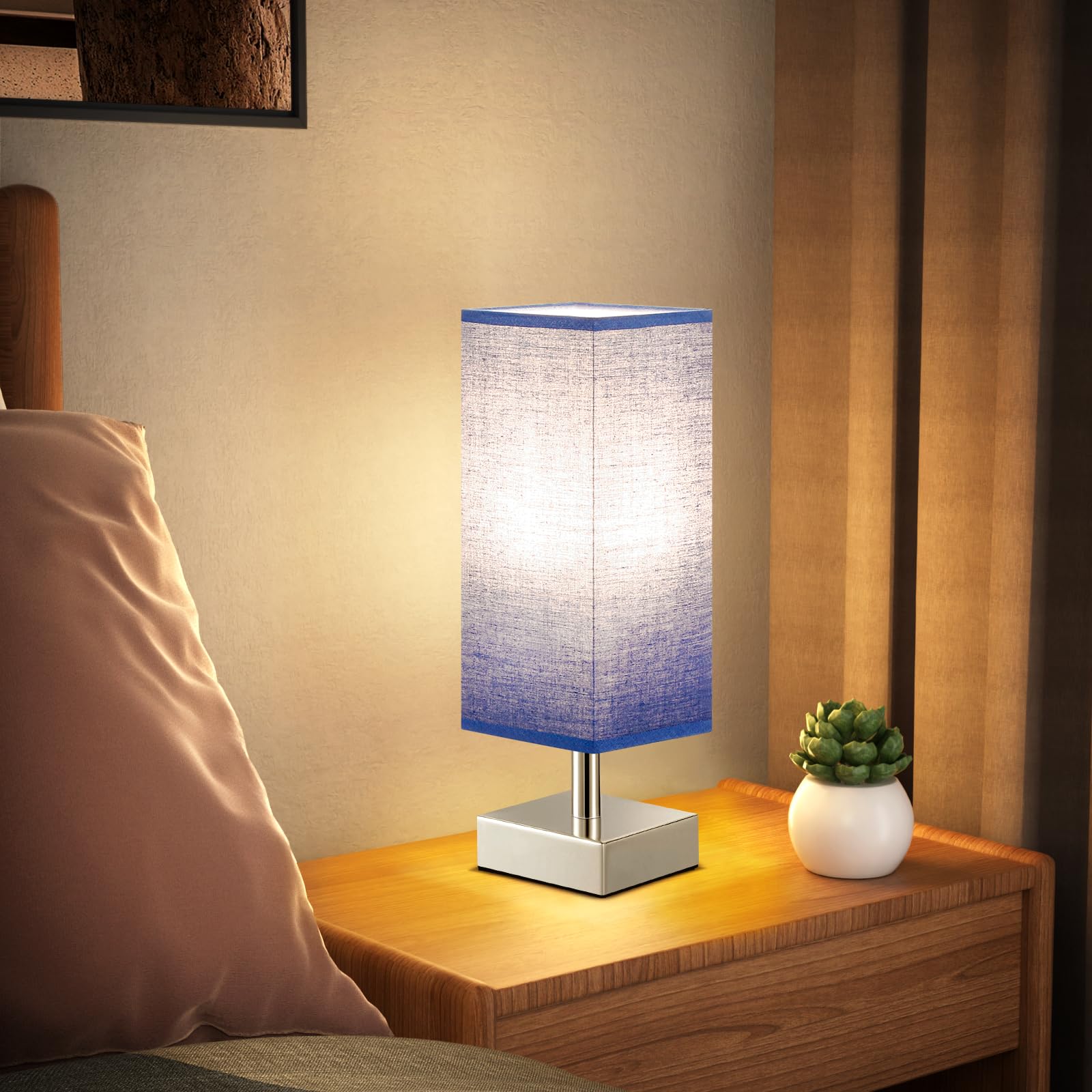 Small Table Lamp for Bedroom - Bedside Lamps for Nightstand, Minimalist Night Stand Light Lamp with Square Fabric Shade, Desk Reading Lamp for Kids Room Living Room Office Dorm