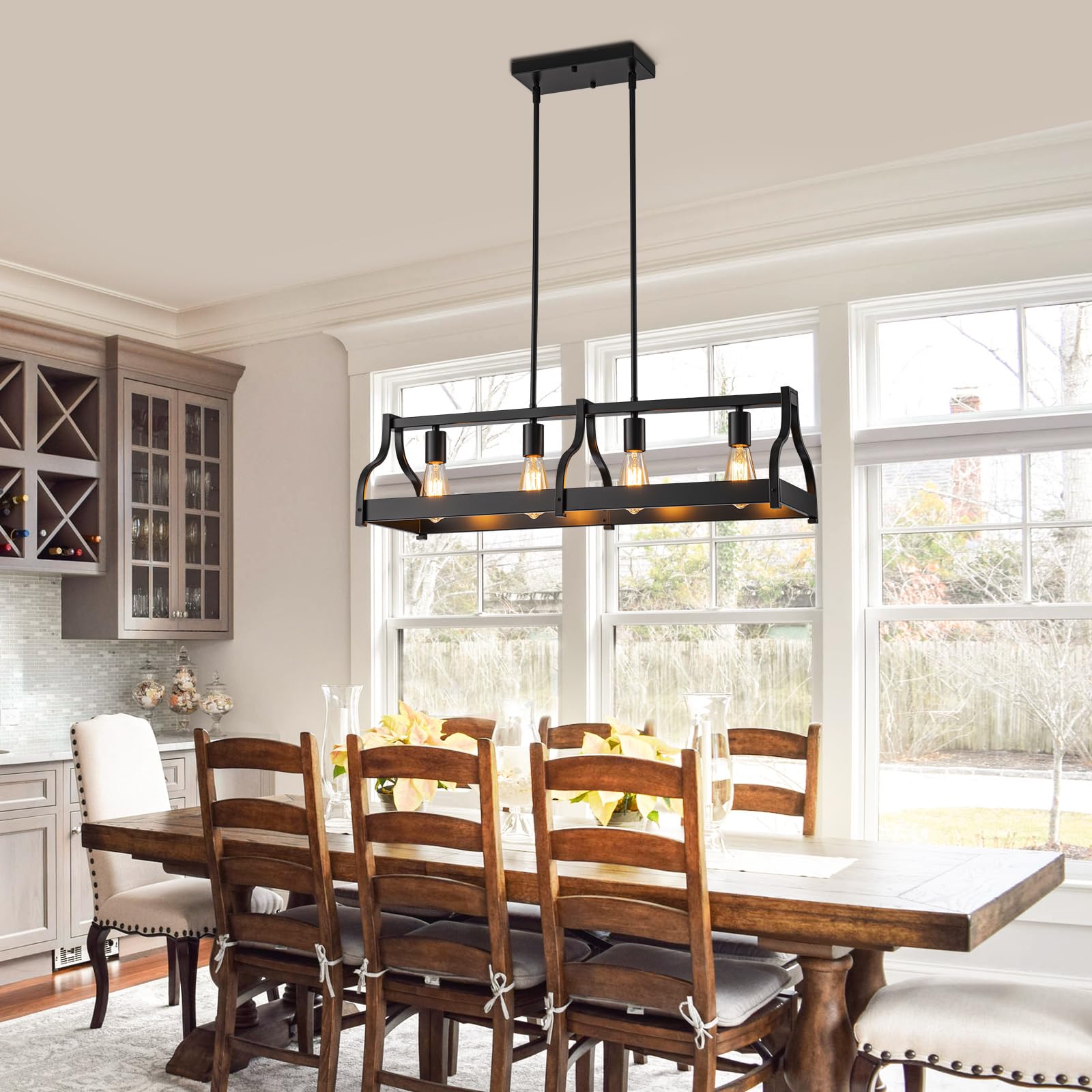 Farmhouse Kitchen Island and Dining Room Chandelier,Rustic 4-Light Linear Pendant Light Fixture with Adjustable Height and High Brightness,Black Industrial Hanging Light