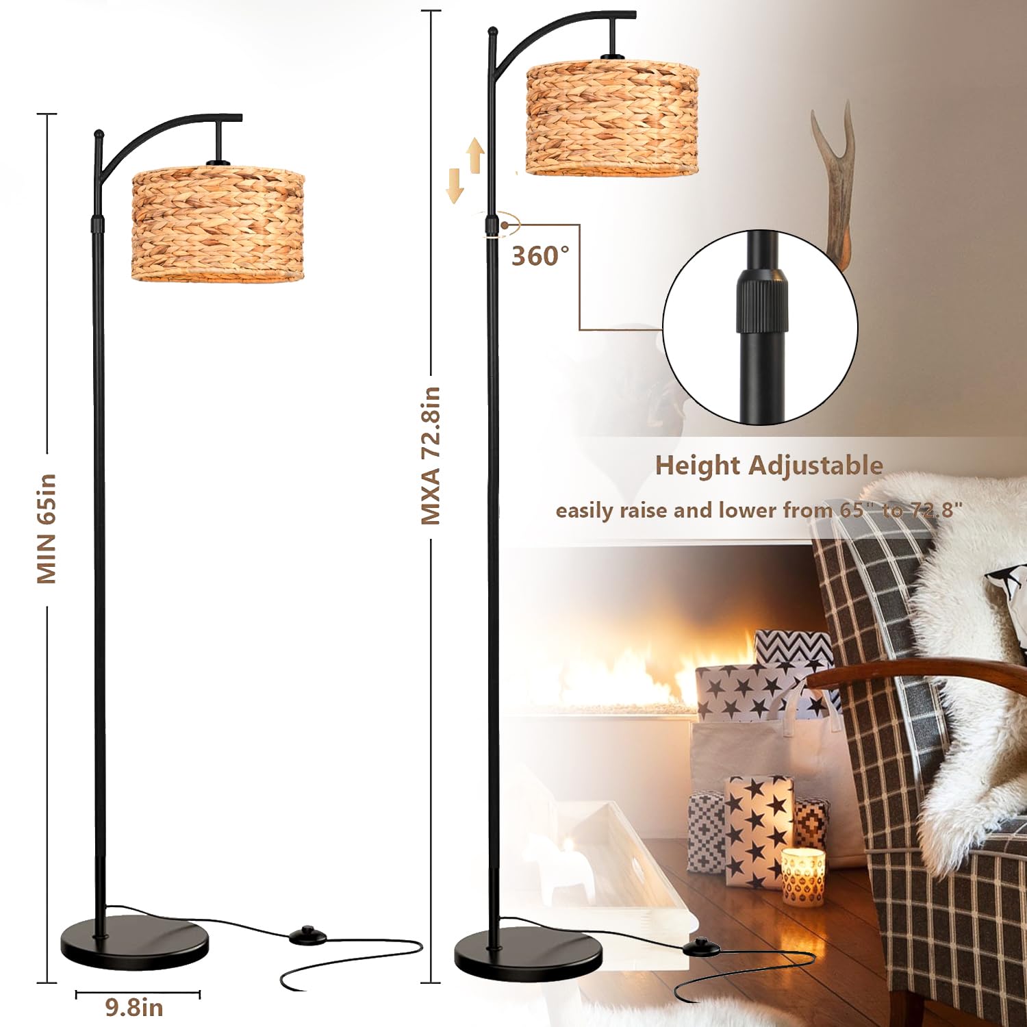 Floor Lamp for Living Room Bedroom with Remote Boho Rattan Arc Standing Lamp Dimmable Black Farmhouse Wicker Bamboo Lamp Shade Floor Light Adjustable Tall Lamp Industrial Floor Lamps Bohemian