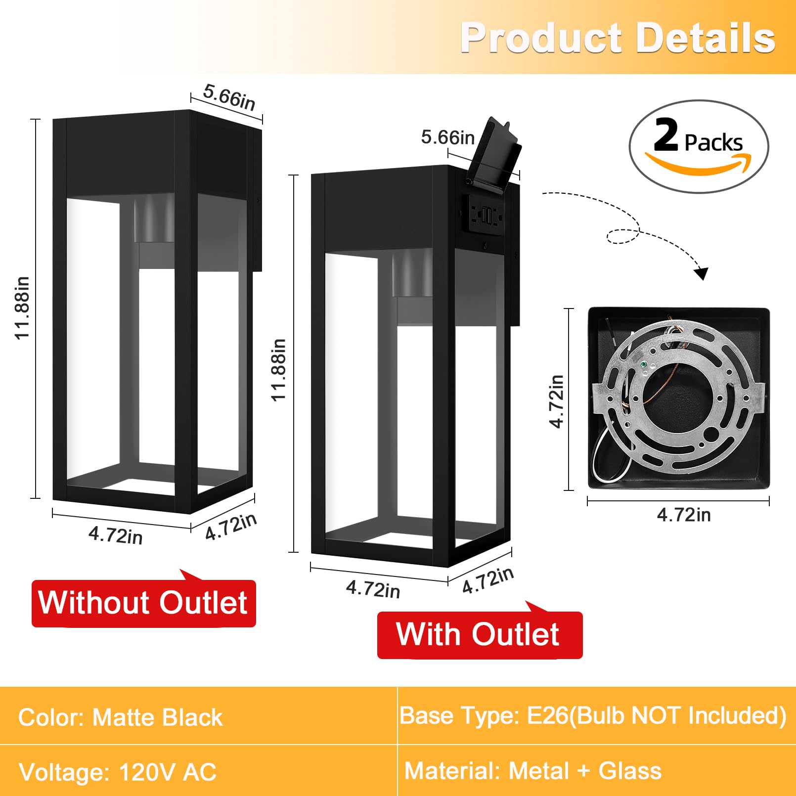 2 Pack Porch Lights Outdoor Wall Sconce, Outdoor Light with GFCI Outlet, Waterproof Exterior Wall Lantern Light Fixtures, Anti-Rust Wall Lamp with Clear Glass for Patio Doorway Garage- Black