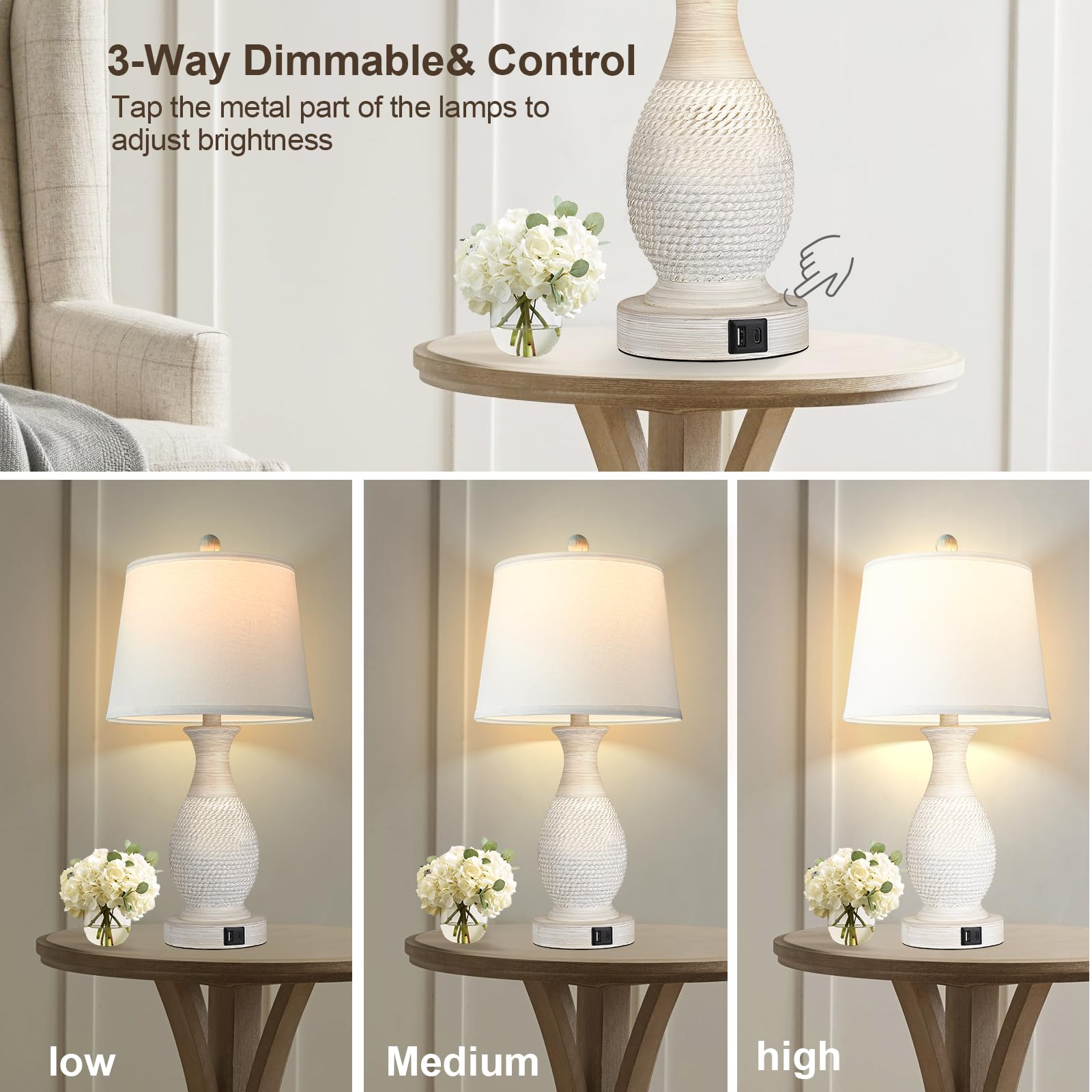 Set of 2 Table Lamps with USB C+A Fast Charging Ports, 26" Tall Farmhouse Living Room Lamp with 3-Way Dimmable Nightstand Lamp White Fabric Shade for Living Room Bedroom Home Office