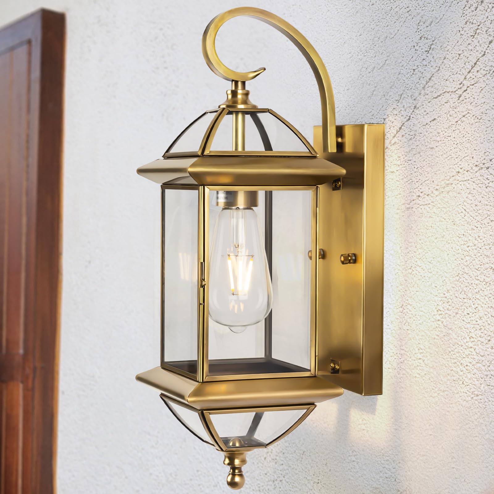 Gold Copper Wall Light Fixture Outdoor 18 Inch, Large Oil Rubbed Brass 100% Solid Copper Outside Wall Mounted Porch Lantern with Clear Glass, Golden Classic Exterior Sconce for Patio Garage Front Door