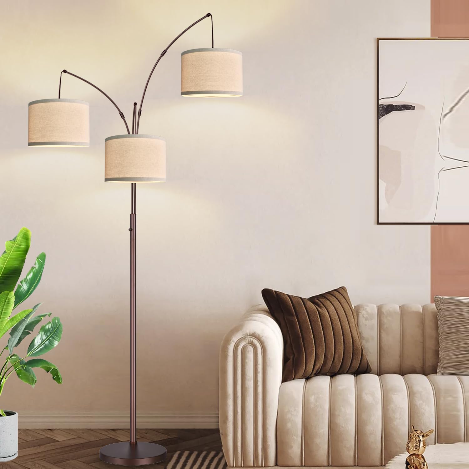 Dimmable Floor Lamp - 3 Lights Arc Floor Lamps for Living Room, 1000LM Modern Tall Standing Lamp with Beige Shades & Heavy Base, Mid Century Tree Floor Lamp for Bedroom Office, 3 LED Bulbs Included