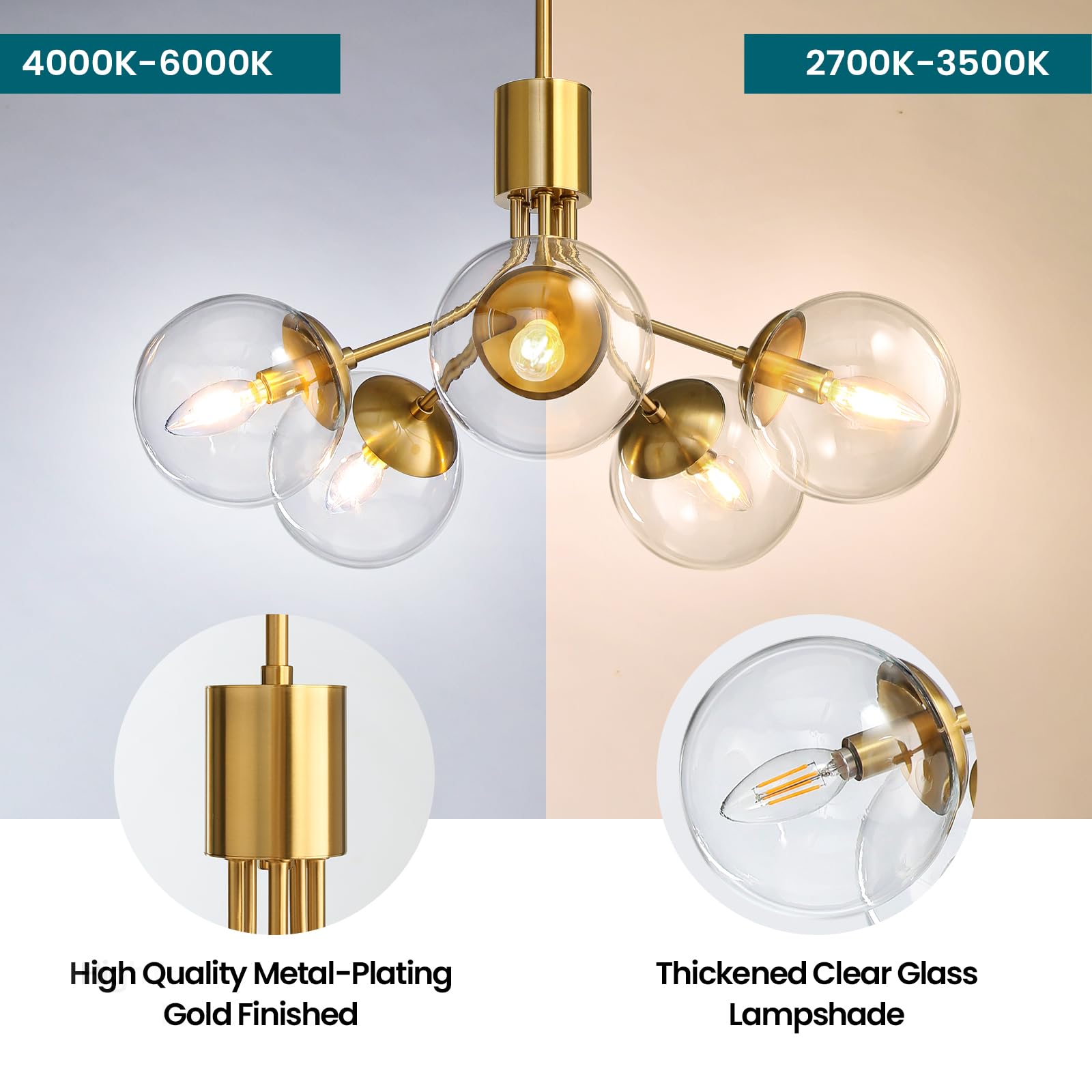 5-Light Modern Chandelier,Gold Globe Chandelier Pendant Light with Thick Clear Glass Shade for Flat/Slop Ceiling,Adjustable Hanging Chandelier for Dinning Room,Living Room,Bedroom