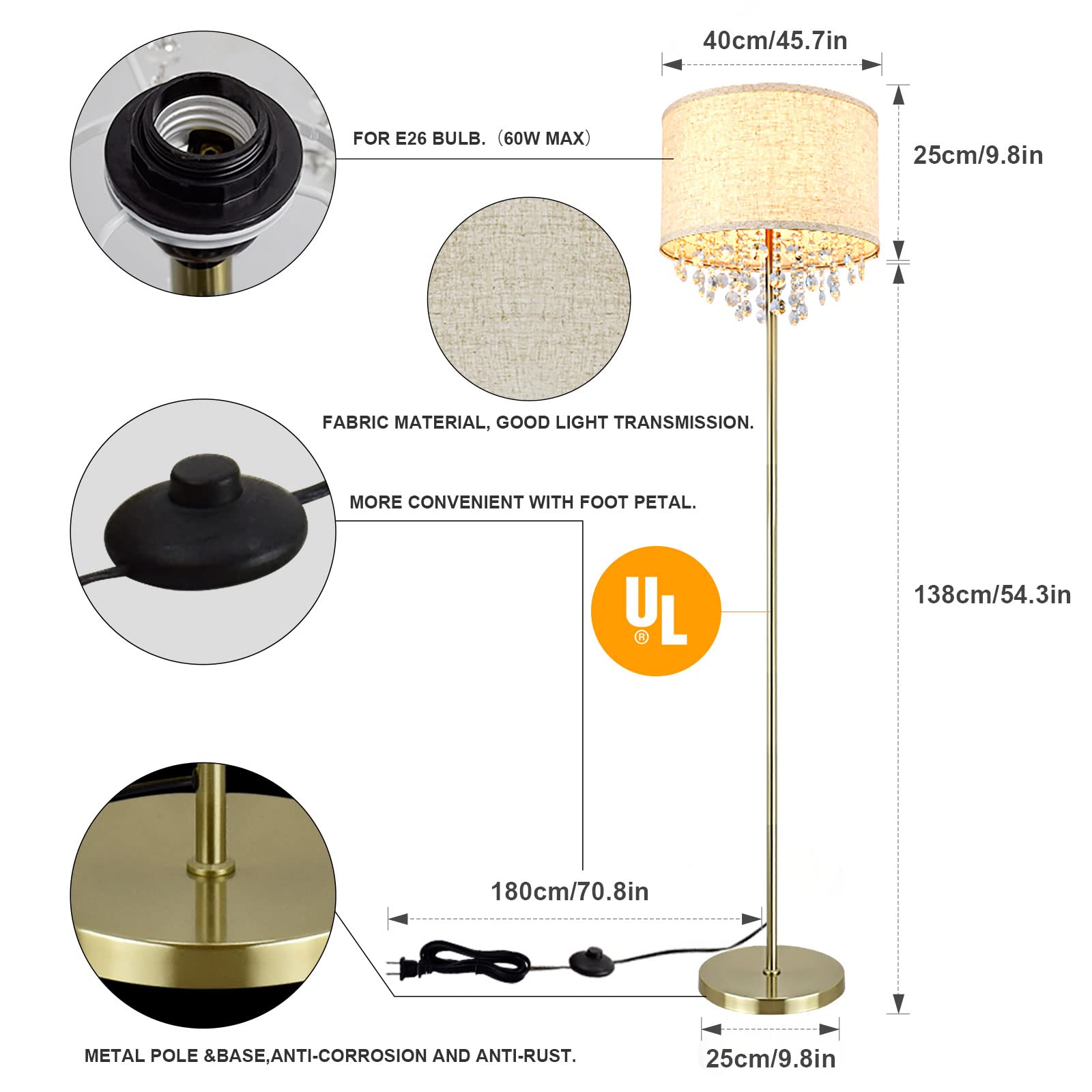 DLLT LED Floor Lamp for Living Room, Crystal Elegant Reading Standing Light for Kids Bedroom, Suit Mid Century, Modern & Farmhouse Rooms, Tall Pole with Fabric Drum Shade, Brass, E26 Warm Light