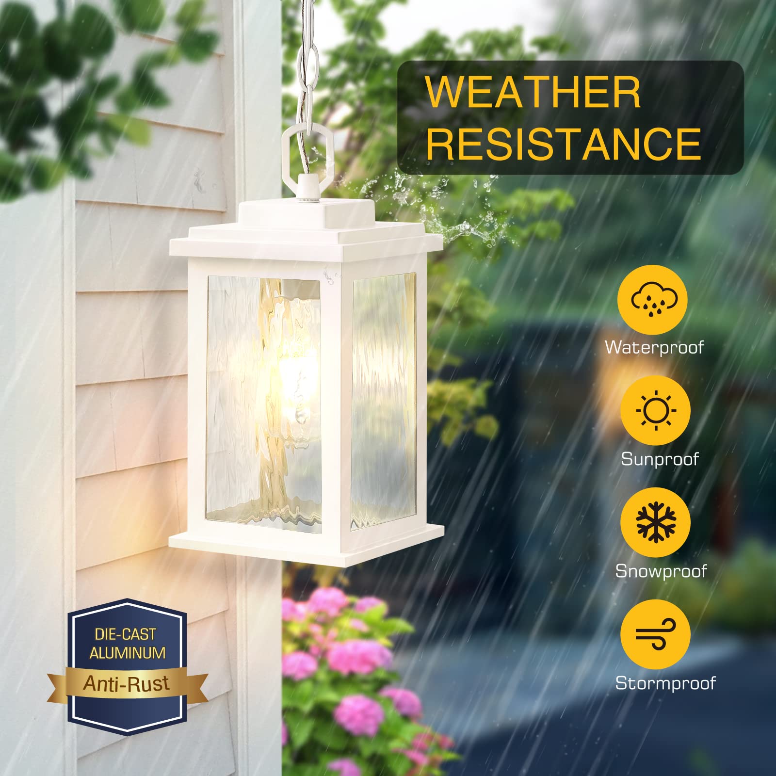 Outdoor Pendant Light Fixture, Farmhouse Exterior Hanging Lights with Adjustable Chain, Anti-Rust Aluminum Frame with Tempered Water Glass, Hanging Lantern for Front Door Ceiling Entry Porch