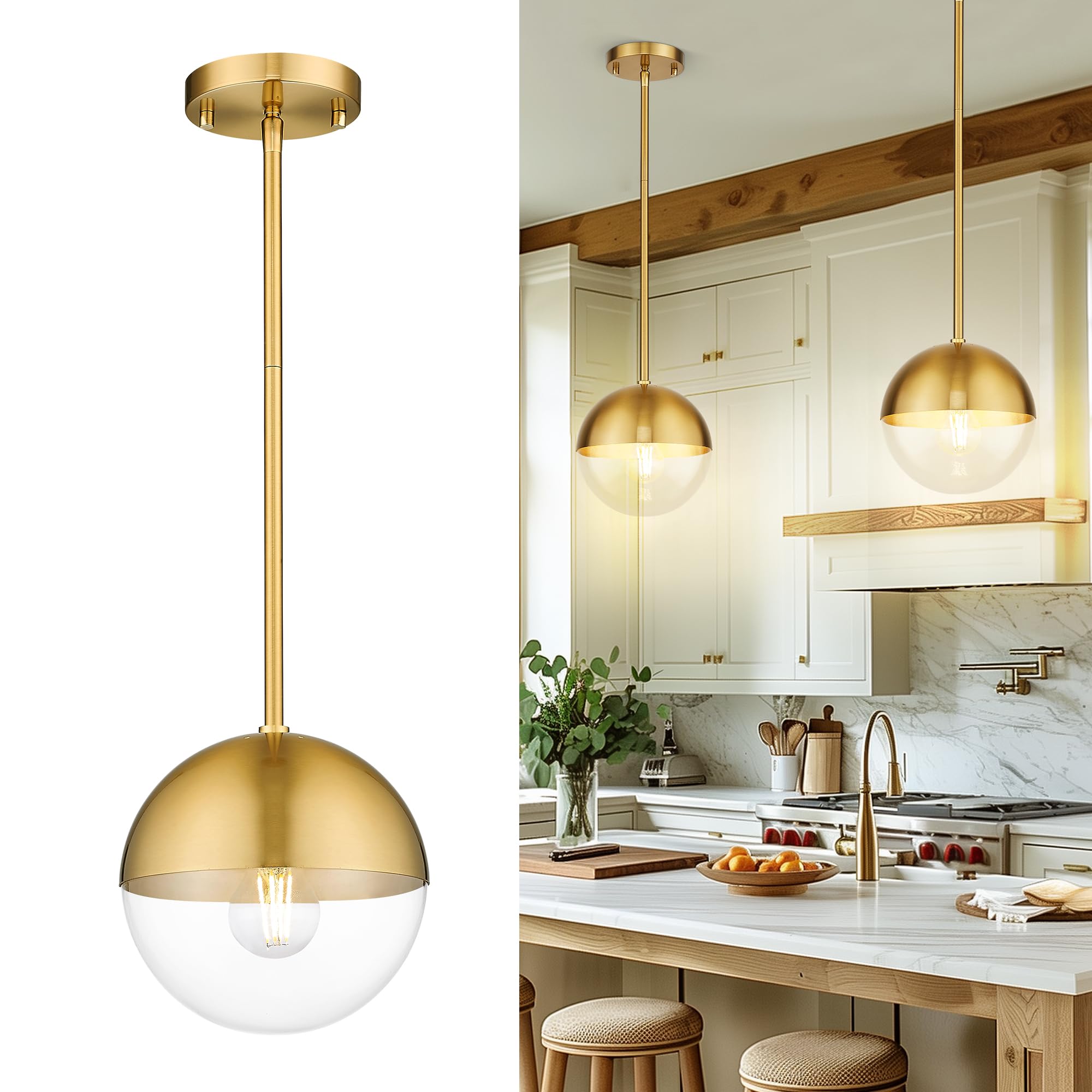 Modern Pendant Lighting Gold Globe Pendant Light Fixture, Mid Century Chandelier One Light Hanging Fixture for Kitchen Island, Adjustable Indoor Lighting for Dinning Room Bedroom, LMS-187