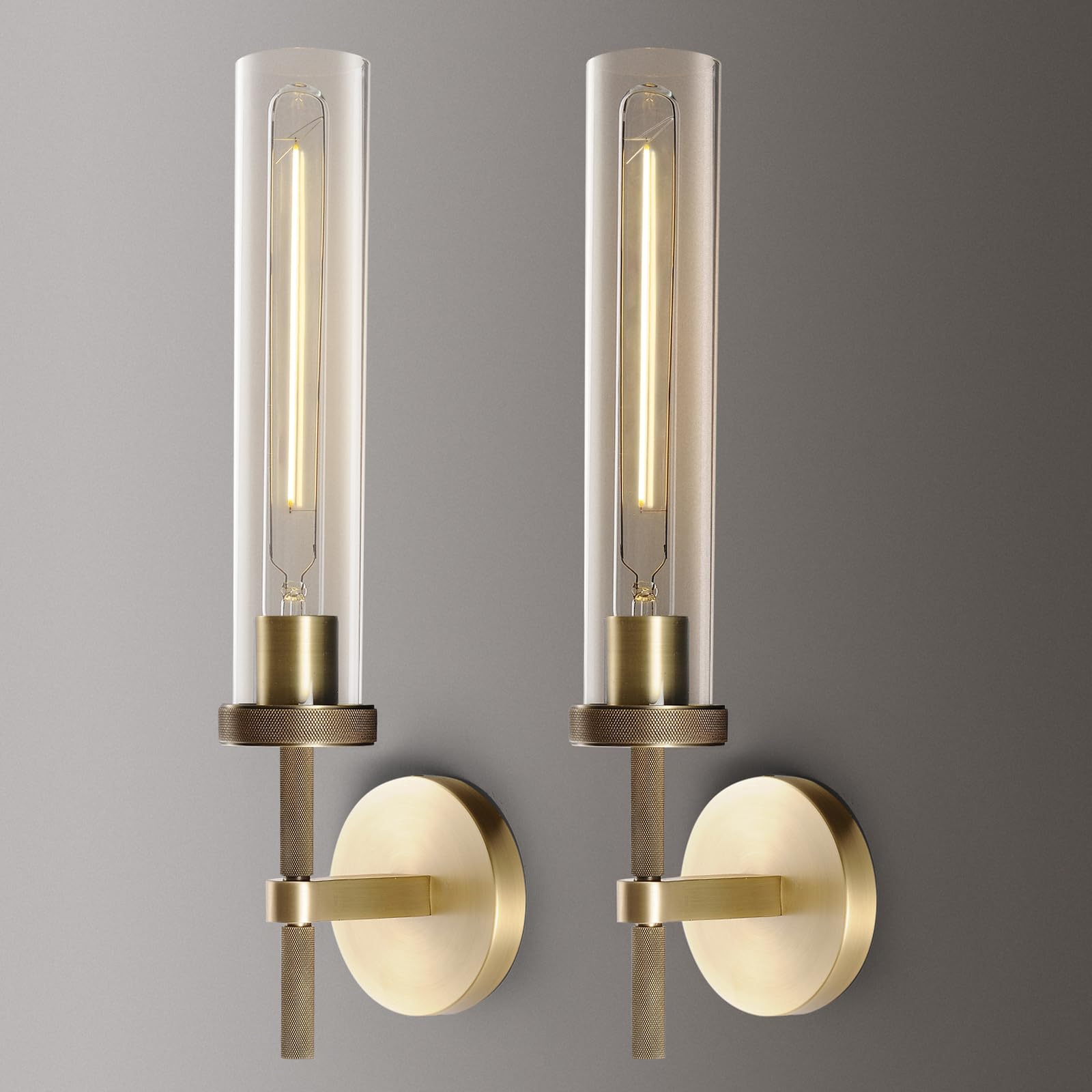 Brass Wall Sconces Set of Two, 19" Knurled Gold Sconces Wall Lighting, Tube Glass Bathroom Sconces Wall Lights for Bedroom Living Room Vanity Sconce Wall Lamp for Hallway, Staircase