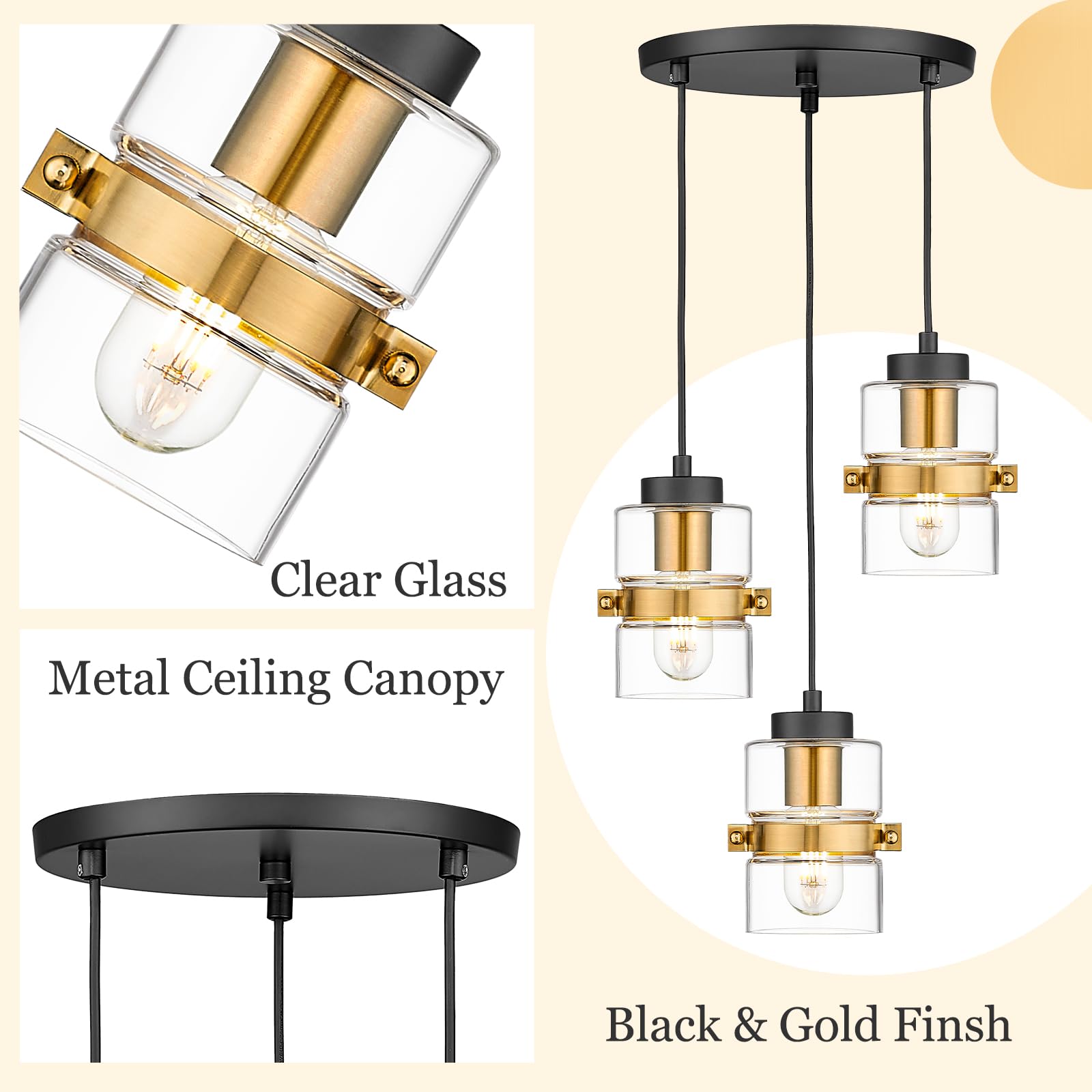 3-Light Cluster Pendant Light, Adjustable Hanging Lighting with Clear Glass, Foyer Chandeliers in Black and Gold Finish, YE282-3 BK+BG