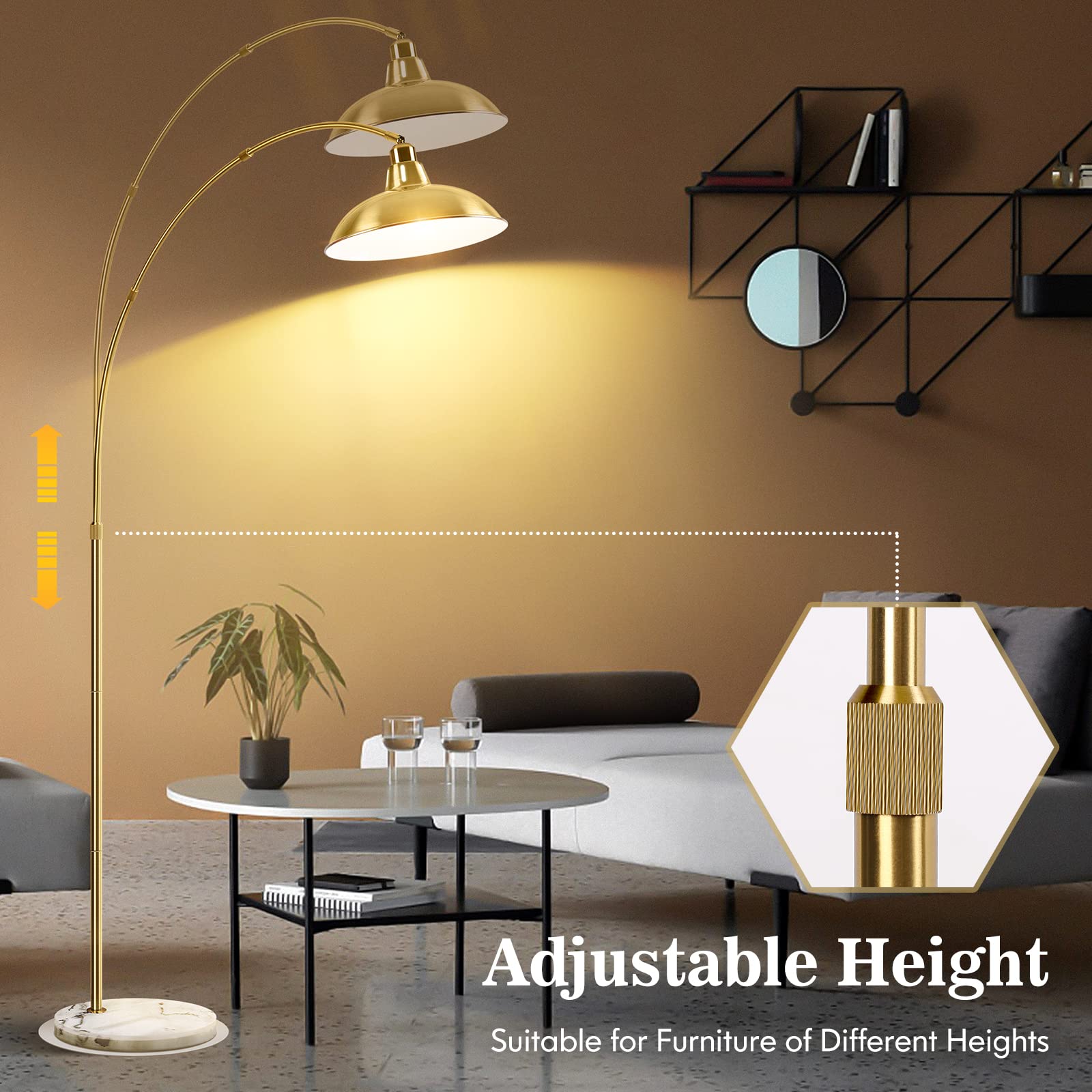 Arc Floor Lamp for Living Room, Marble Base Standing Lamp - Black Gold Floor Lamps with 360° Rotatable Arm, Industrial Tall Lamp Metal Material, Reading Lamp for Bedroom Couch Sofa Desk