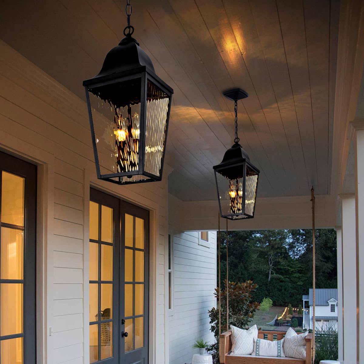 Outdoor Pendant Light Exterior Hanging Lantern Porch Pendant Lights, Light Wood Grain with Glass 1-Light Lamp for for Porch, Patio, Entryway