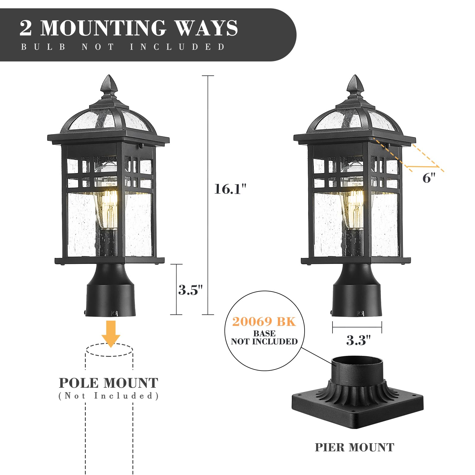 20 Inch Outdoor Pendant Light for Porch, Outdoor Chandelier for Porch, Die-Cast Aluminum with Seeded Glass, Black Finish, DE281H-M BK