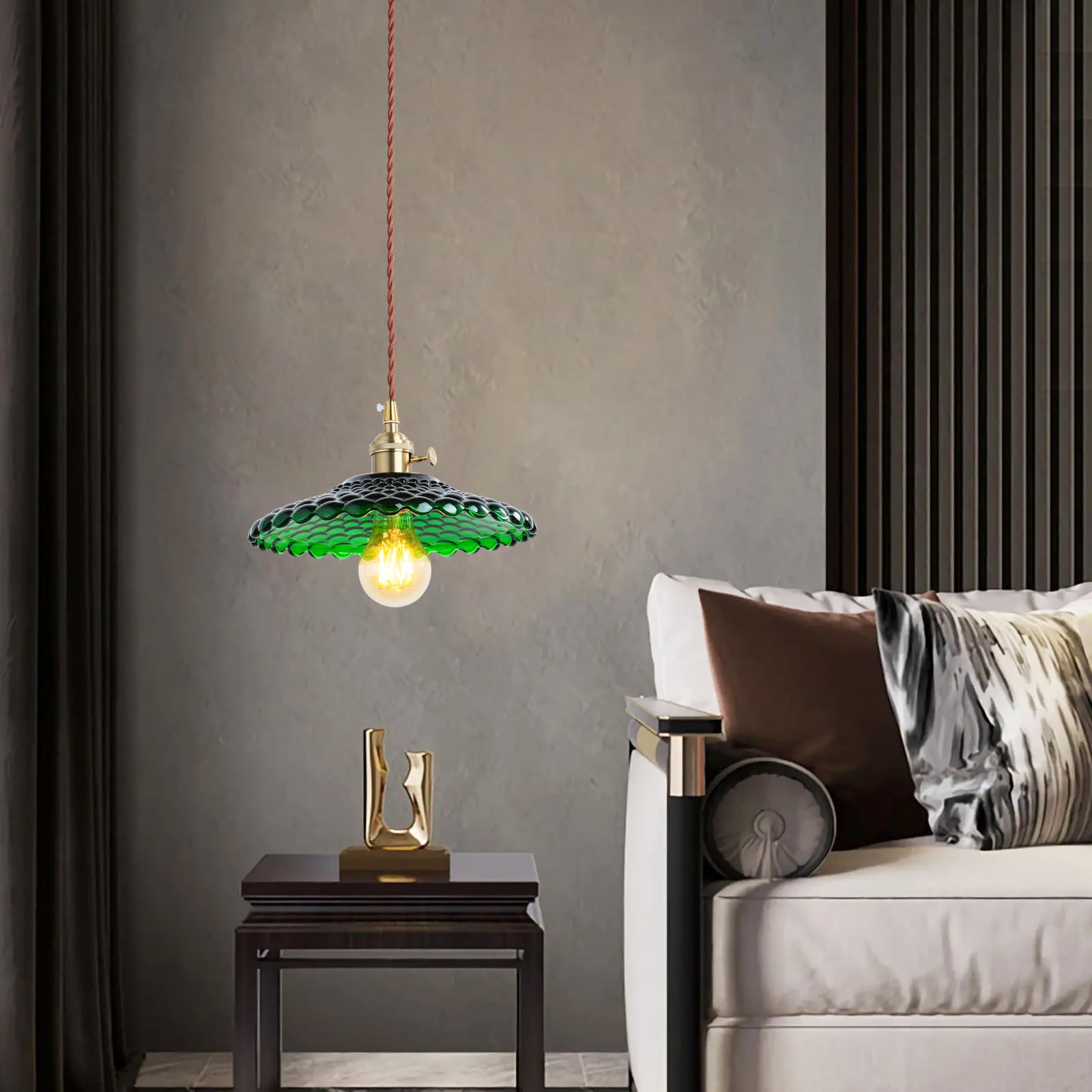 Glass Pendant Light Vintage Light Fixtures, Glass Pendant Lights Kitchen Island, Gold Pendant Light, Modern Chandelier Pendant Shade Green Light Fixture for Bedroom Hotel Dining Room