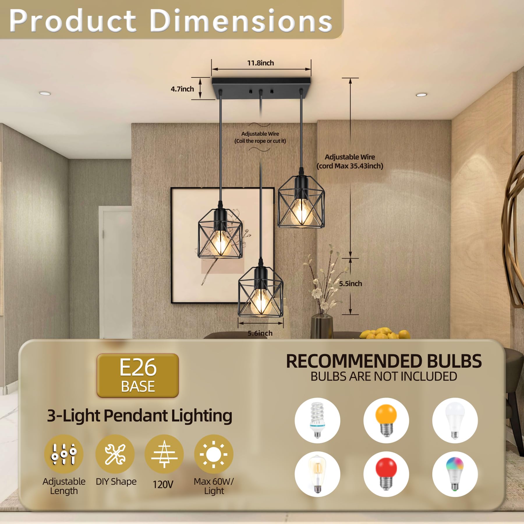 3-Light Hanging Pendant Light Fixtures, Farmhouse Kitchen Island Light Fixture, Industrial Hanging Pendant Lighting for Dining Room Bedroom Hallway, Black Metal Cage Pendant Lamp, E26 Base