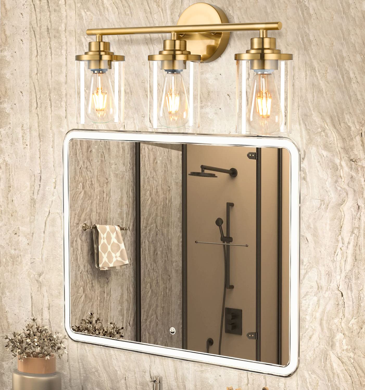 Bathroom Light Fixtures,Vanity Lights,Gold Bathroom Lights Over Mirror,Brushed Gold Vanity Light for Bathroom,20'' Brass Gold 3-Light Modern Bathroom Sconce