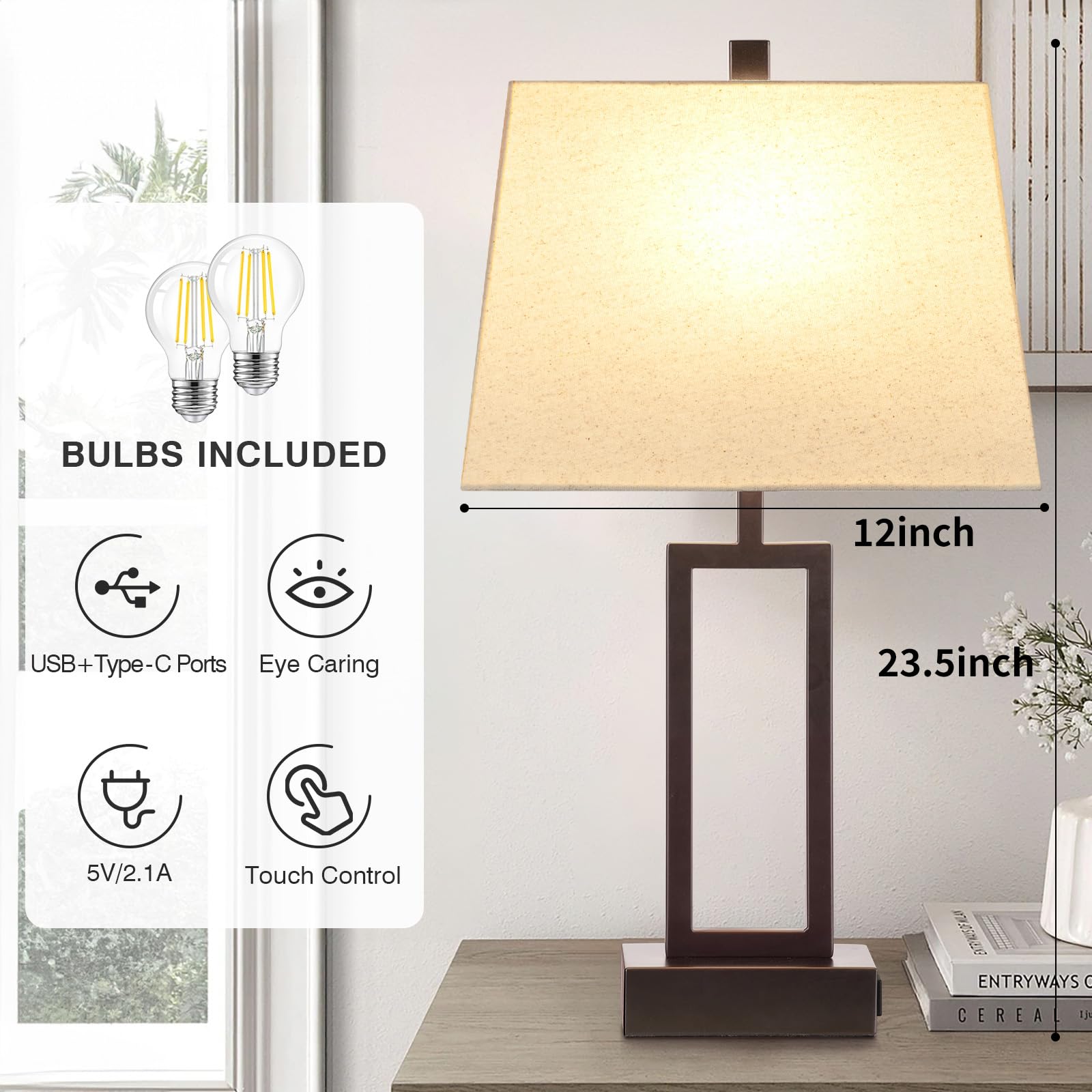 23.5" Touch Control Table Lamps, Metal Bedside Lamp for Bedroom Set of 2 with USB A+C Ports & AC Outlet, 3-Way Dimmable Nightstand Lamp for Living Room (LED Bulb Included)