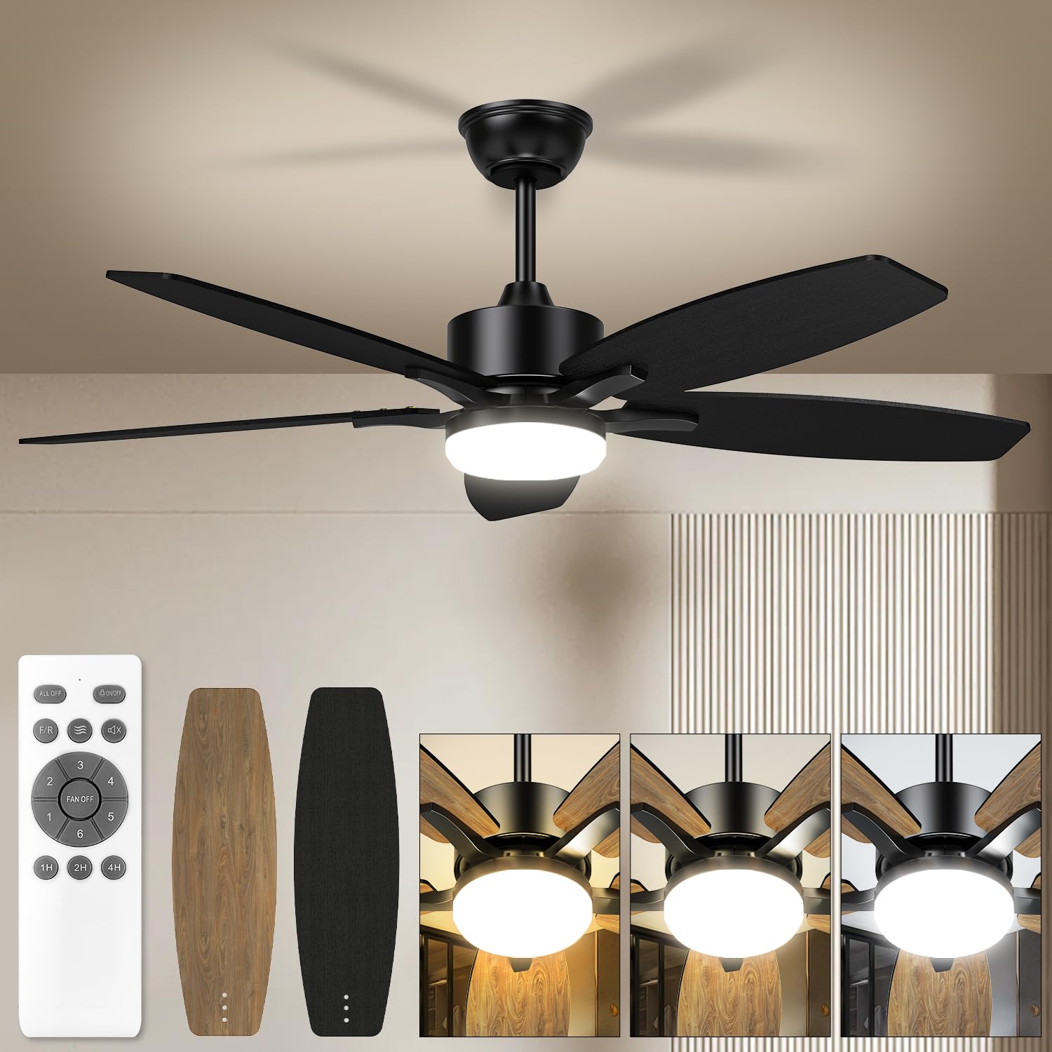 42 Inch Farmhouse Ceiling Fan with Light, Small Modern Black Ceiling Fan with Light and Remote, 5 Blades Indoor/Outdoor Bedroom Fan Light with 3CCT,6 Speeds Ceiling Fan for Patios,Living Room