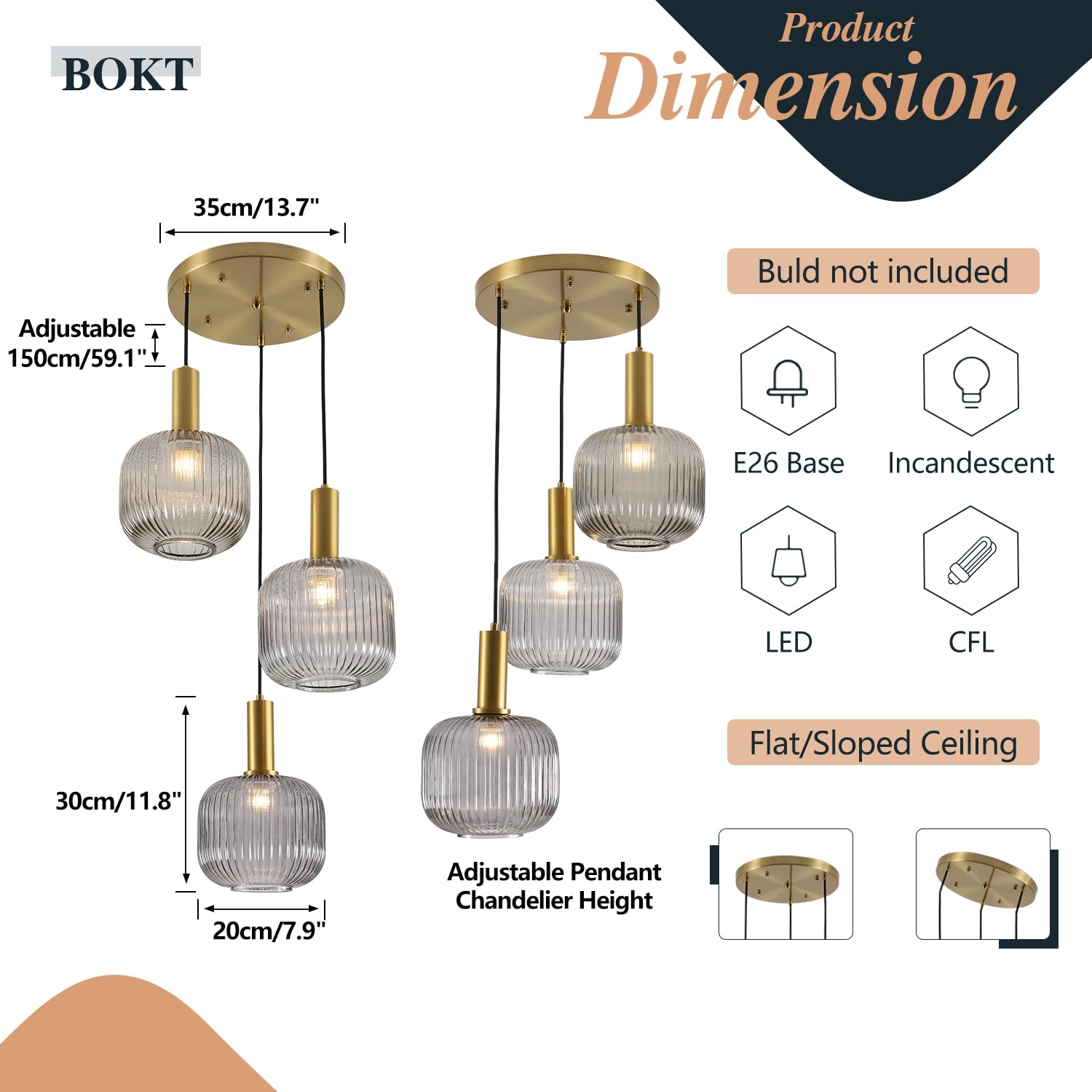 BOKT Modern Smokey Gray Glass Globe Pendant Light Adjustable 3-Light Cluster Pendant Lights Open Glass Kitchen Island Pendant Chandelier Vintage Multi Light Pendant Lighting Cluster Chandeliers