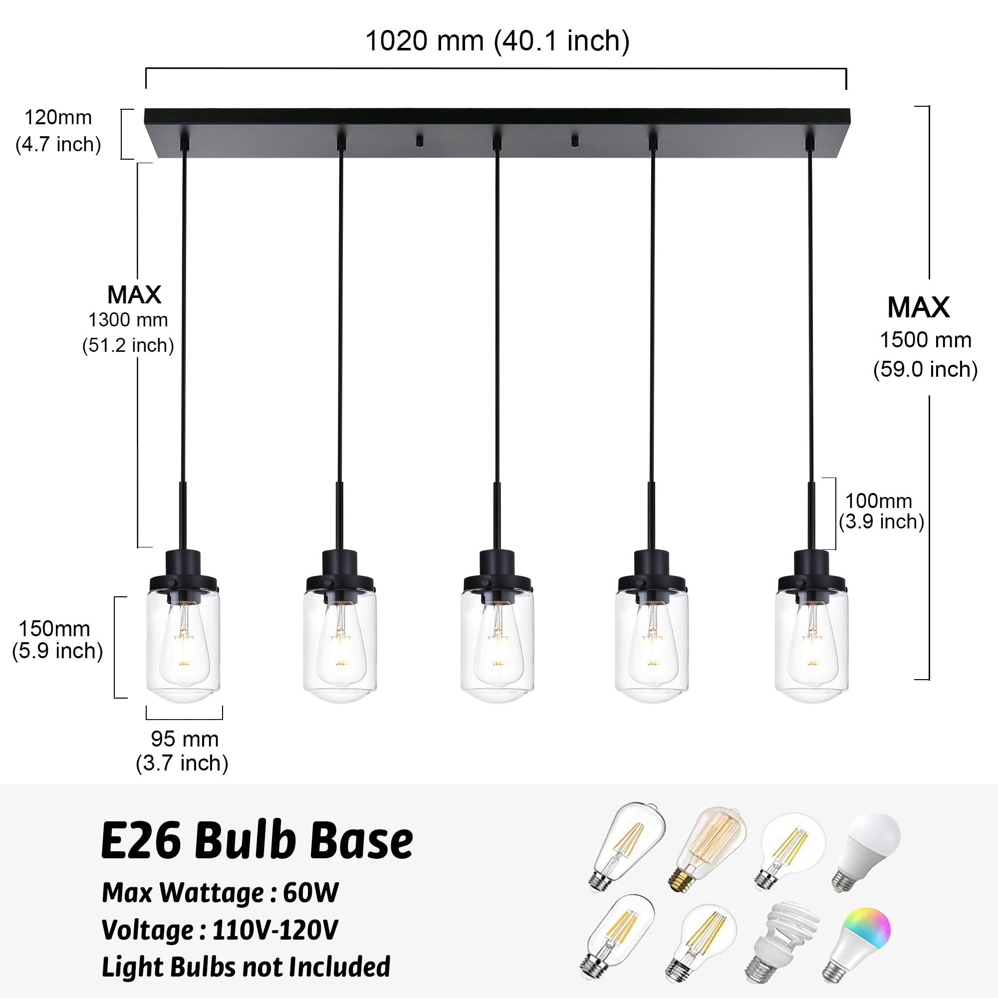 3-Light Linear Hanging Pendant Lighting for Kitchen Island, Black Dining Room Light Fixtures Over Table Linear Chandelier with Clear Glass Shade, Adjustable Height