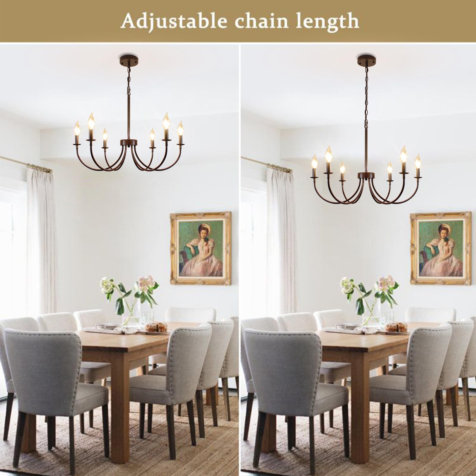 Chandelier, 6-Light Antique White Farmhouse Chandelier for Dining Room Lighting Fixtures Hanging, Candle Hanging Pendant Lights for Kitchen Living Room Bedroom Foyer