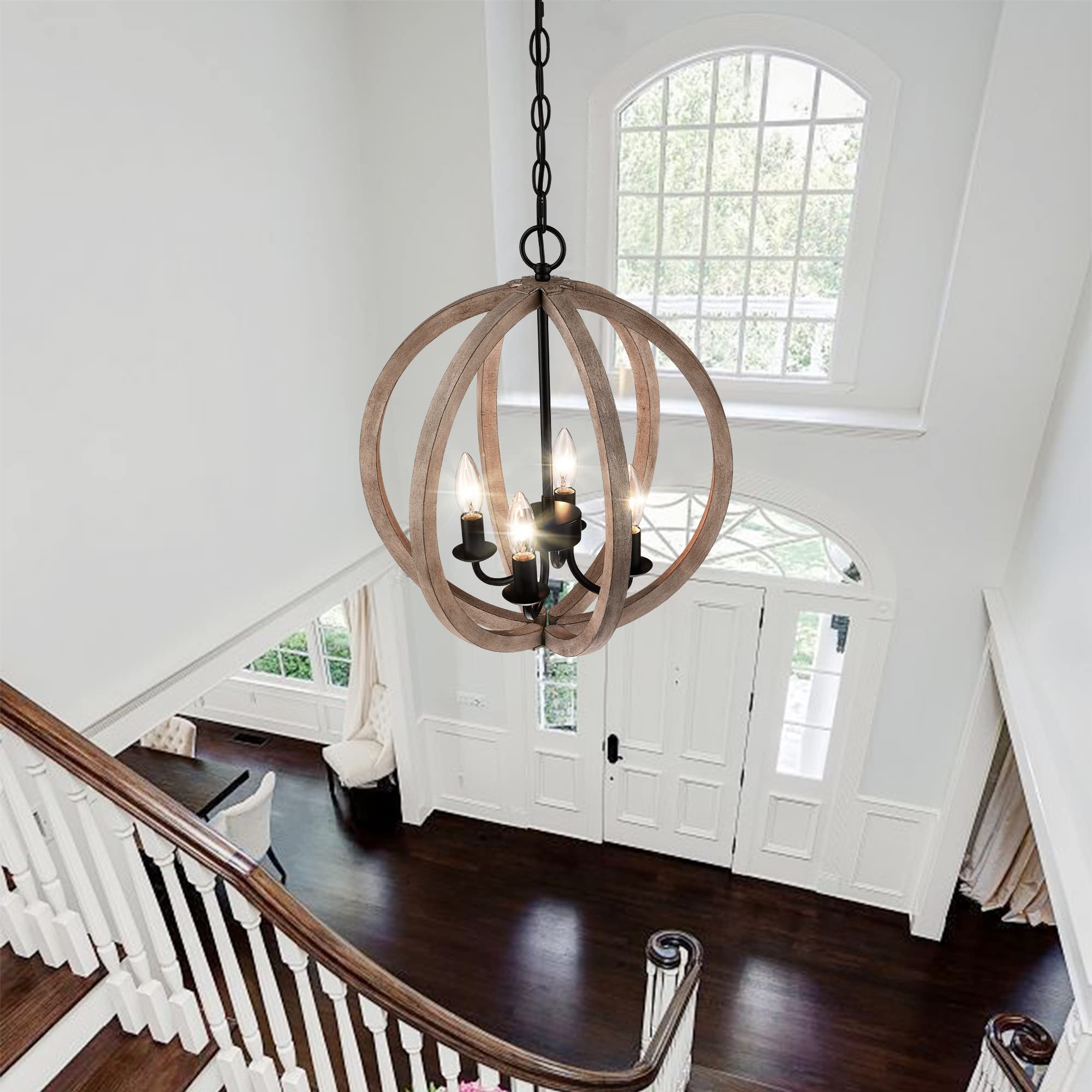 Farmhouse Chandelier, 16" 4-Light Wood Chandelier Rustic Orb Pendant Light Fixtures Black Ceiling Hanging Lighting for Dining Room Foyer Entryway Kitchen Island