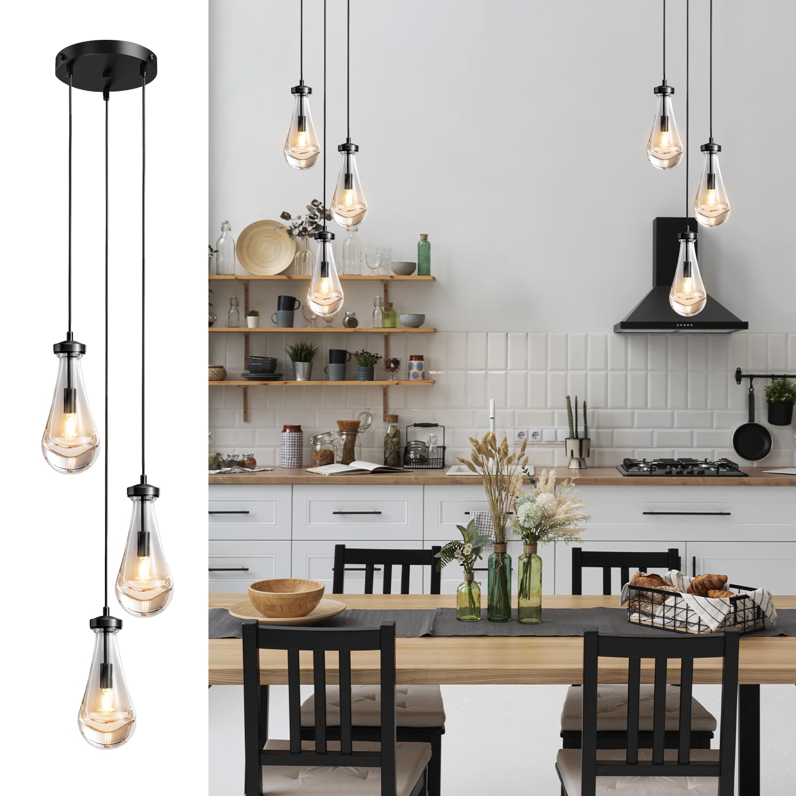 3 Light Pendant Lights Kitchen Island, Raindrop Cluster Pendant Light Fixture, Adjustable Hanging Rope Clear Solid Glass Chandelier for Dining Room, Porch, Corridor, Living Room…