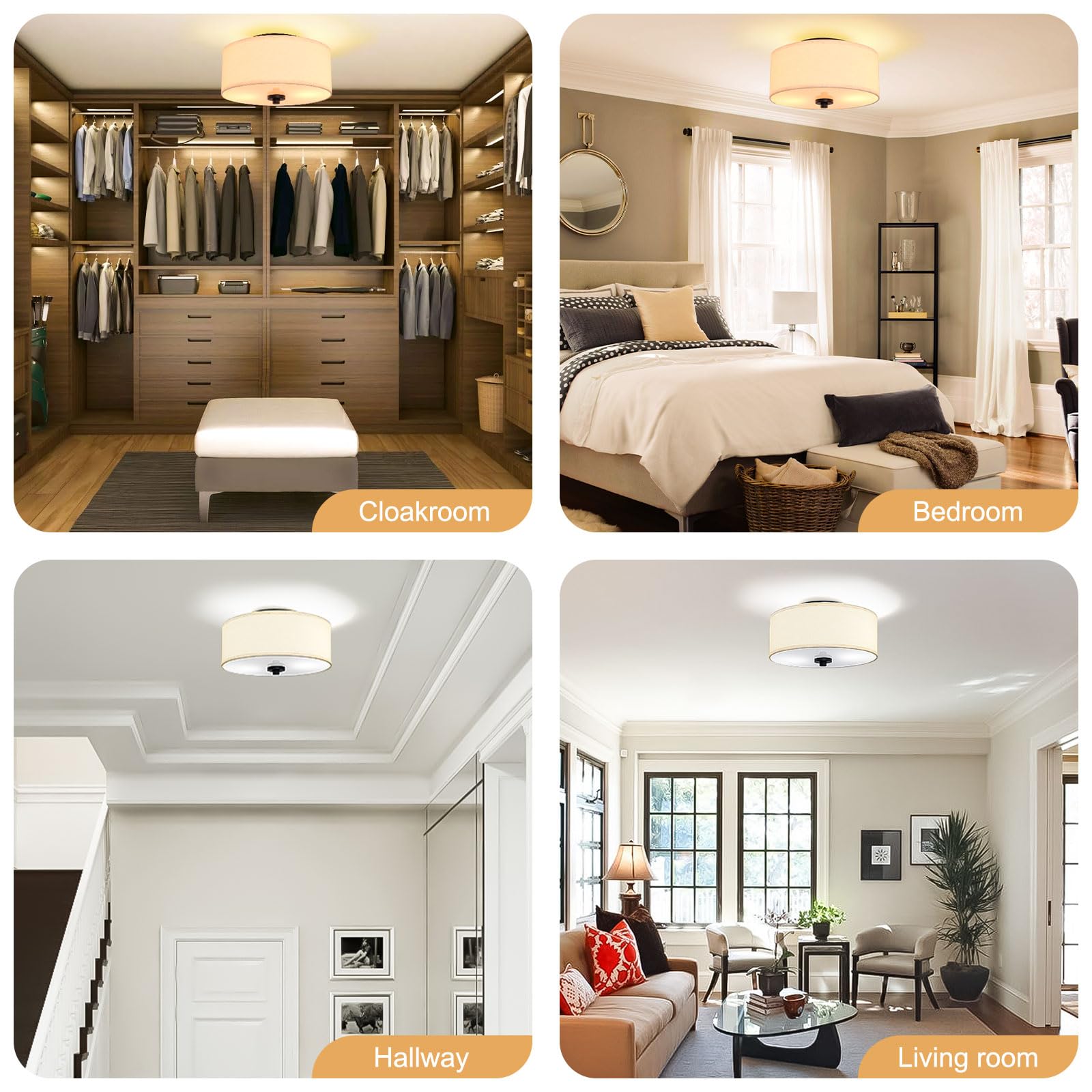 2-Light Flush Mount Ceiling Light Fixture, 12” Modern Close to Ceiling Light with White Fabric Linen Drum Shade, Round Ceiling Light for Bedroom Hallway Living Room Bathroom Dining Kitchen