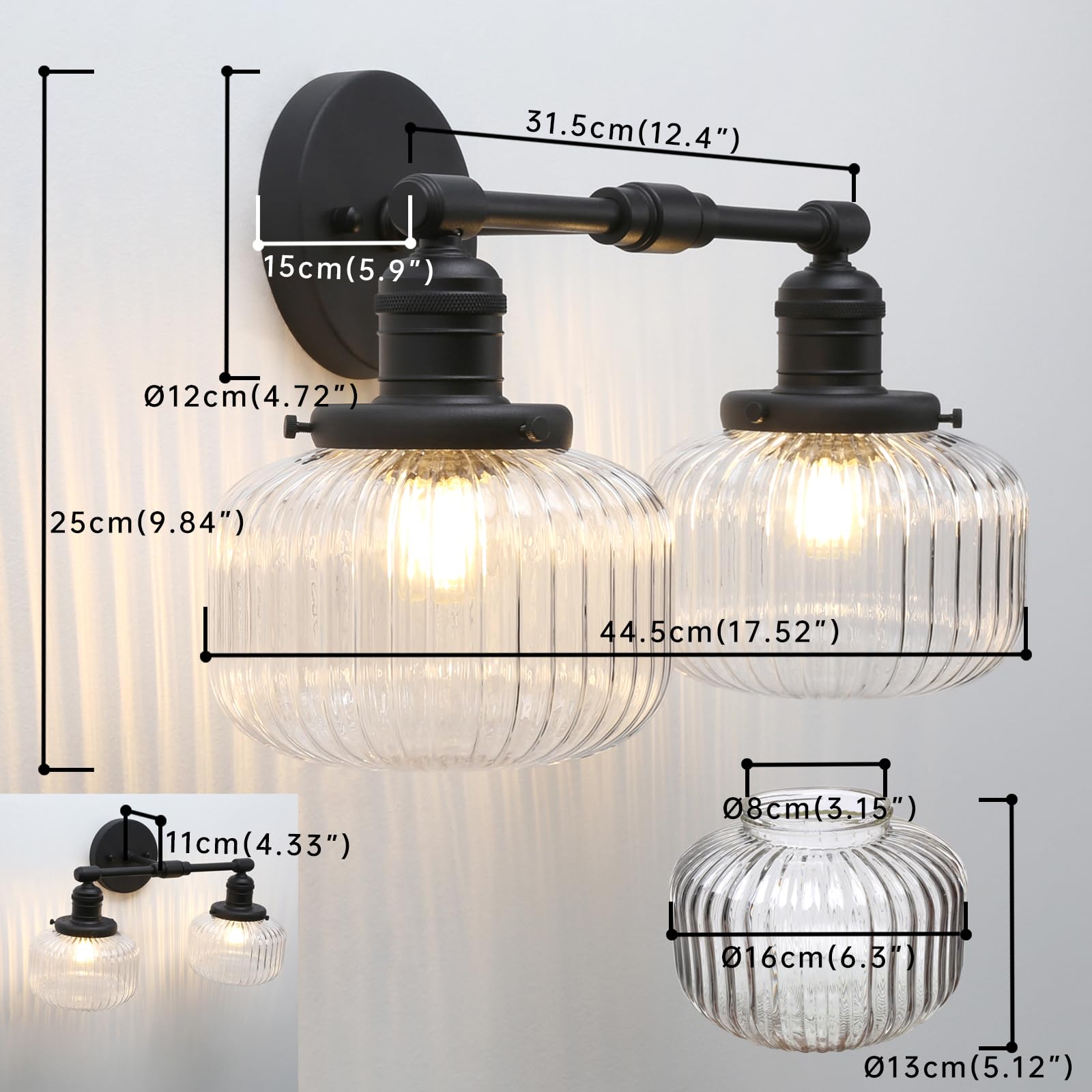 2-Lights Industrial Glass Wall Sconces, Antique Brass Clear Striped Globe Shade Wall Light Fixture for Bathroom Vanity, Bedroom, Dining Room, Living Room, Farmhouse, Stairs