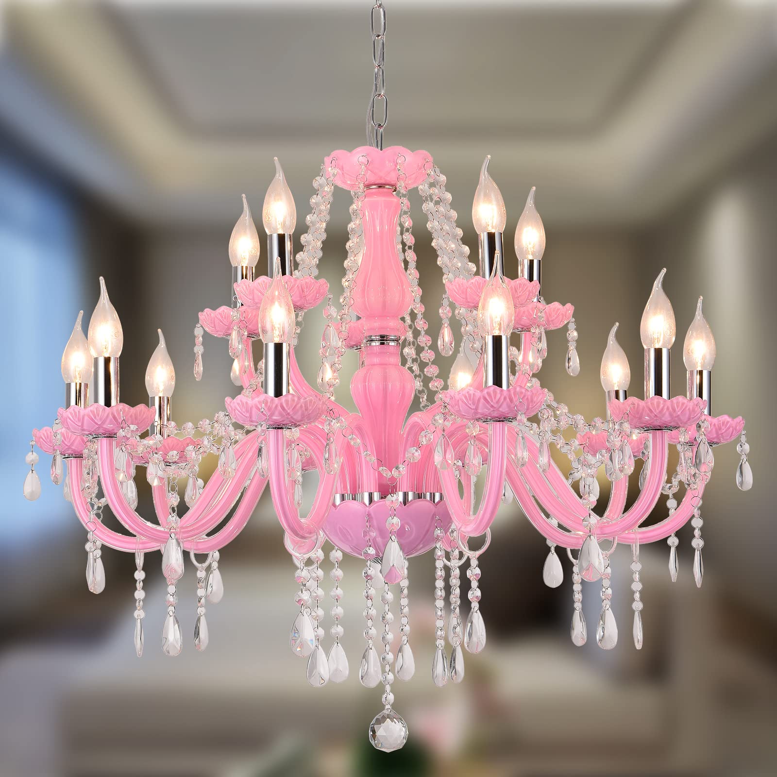 White Crystal Chandelier, 15-Light Crystal for Chandelier Elegant Raindrop Light Fixture Style Luxurious Candle Chandelier for Dining Room.